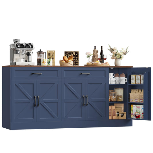 BOTLOG 71” Large Sideboard Buffet Cabinet with Storage, Farmhouse Buffet Cabinet with Adjustable Shelves and 3 Door Shelves, Wood Coffee Bar Console Table for Kitchen, Dining Room, Blue