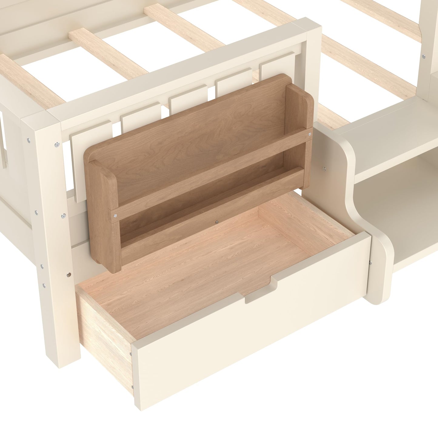 Bellemave Twin Bed with Slats and Stairs, Twin Size Platform Bed Frame with Fence, Bookshelf and Storage Drawers, Easy Assemble Beds for Kids, Girls, Boys, Beige