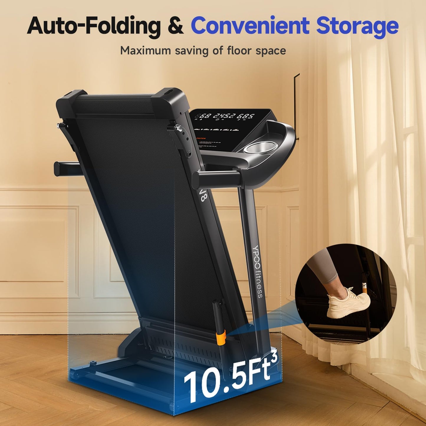 YPOO Treadmills for Home Use, Walking Pad Treadmill with Incline, Auto Foldable Treadmills for Home, 8.0 MPH Running Treadmill with Bluetooth Enabled, 300 lbs User Capacity