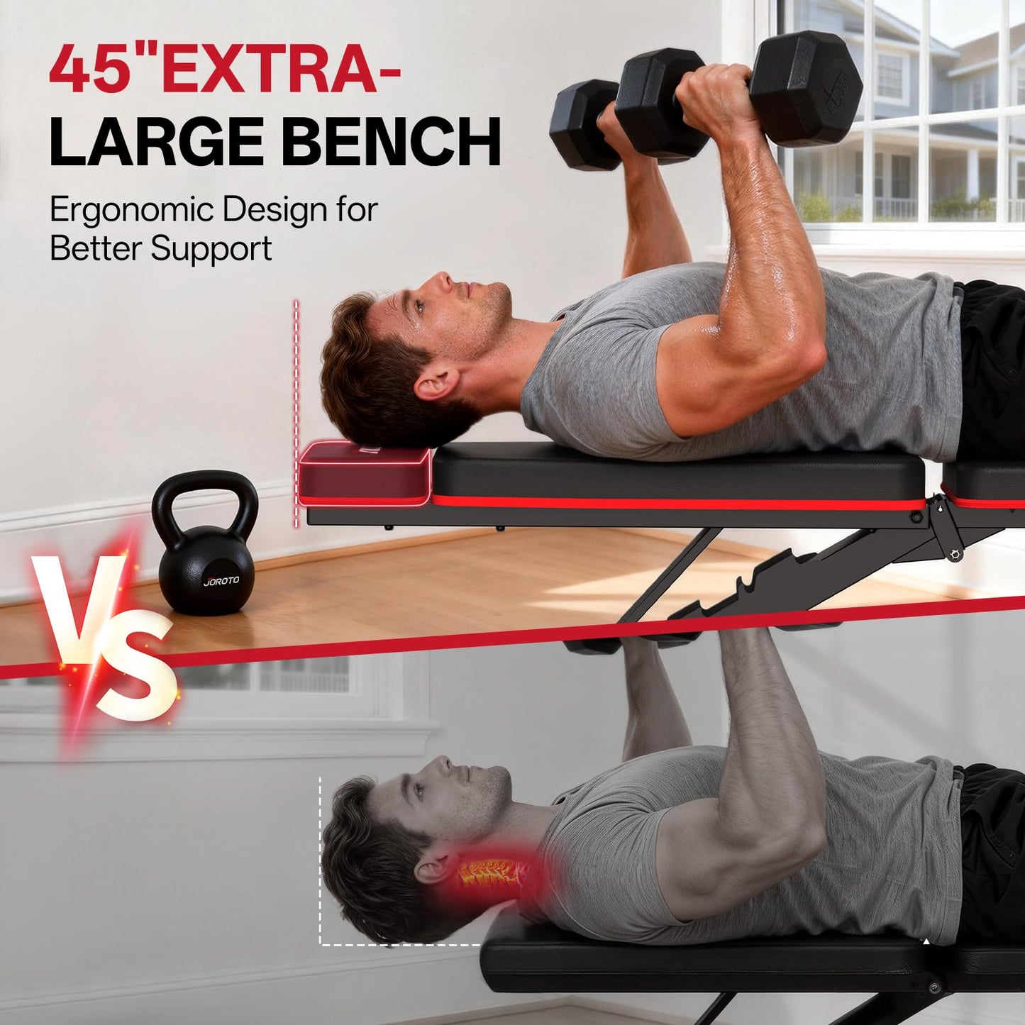 JOROTO Adjustable Weight Bench for Home Gym, 1000 LBS Foldable Incline Decline Flat Workout Bench with Leg Extension & Back Extension, Exercise Preacher Curl Bench for Full Body Training, Red MD55