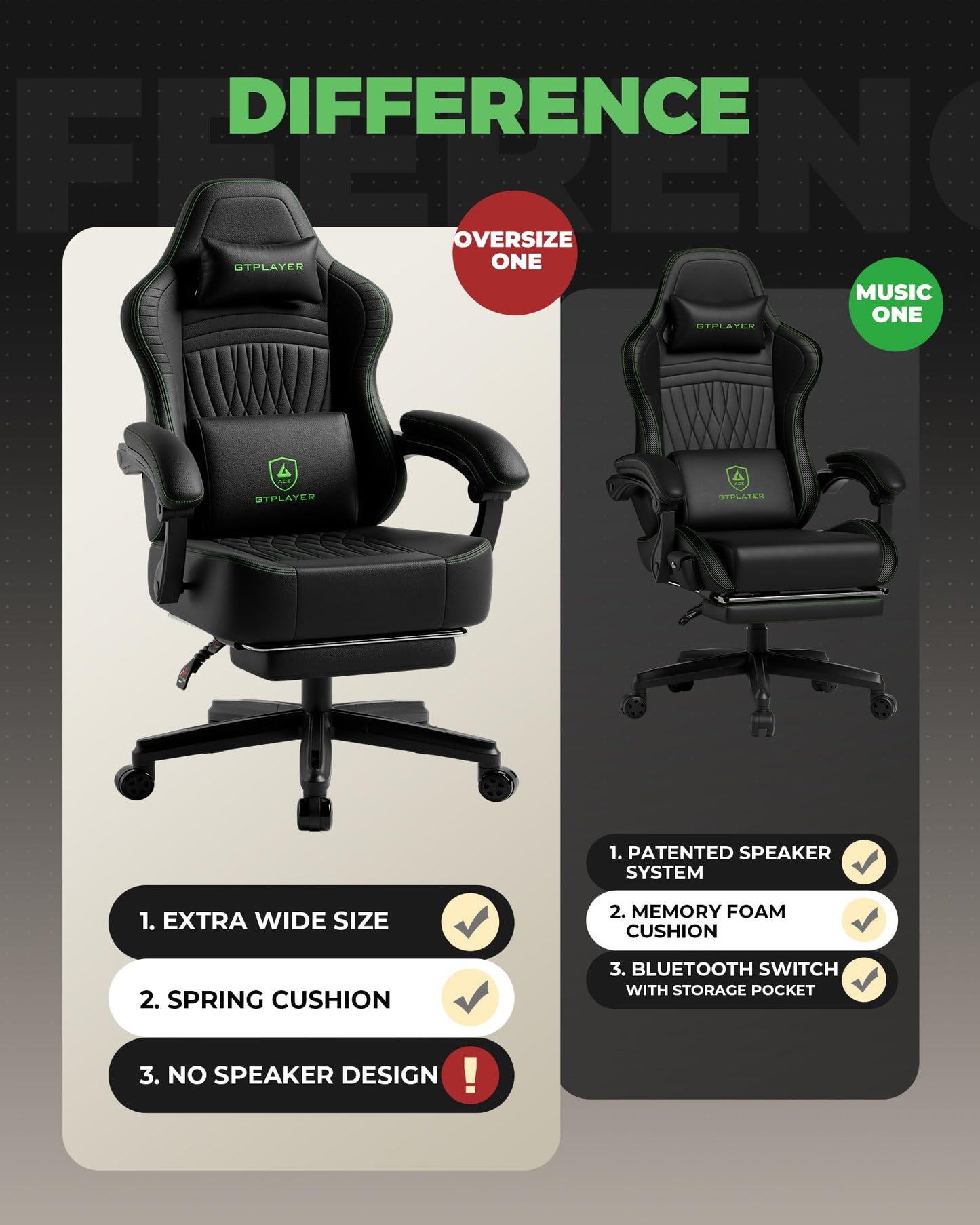 GTPLAYER Gaming Chair, Video Game Chairs with Footrest, PC Gamer Chairs for Adults - Padded High Back Ergonomic Reclining Silla Gamer, Linkage Armrest, Ace Pro, Black Green