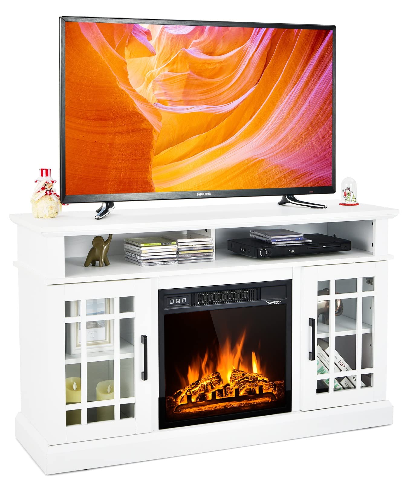 Happygrill Electric Fireplace TV Stand Up to 55 Inches, 48 Inch TV Stand w/Heater, Remote & Storage, Overheat Protection, Wooden Entertainment Center w/Adjustable Shelves for Living Room, White