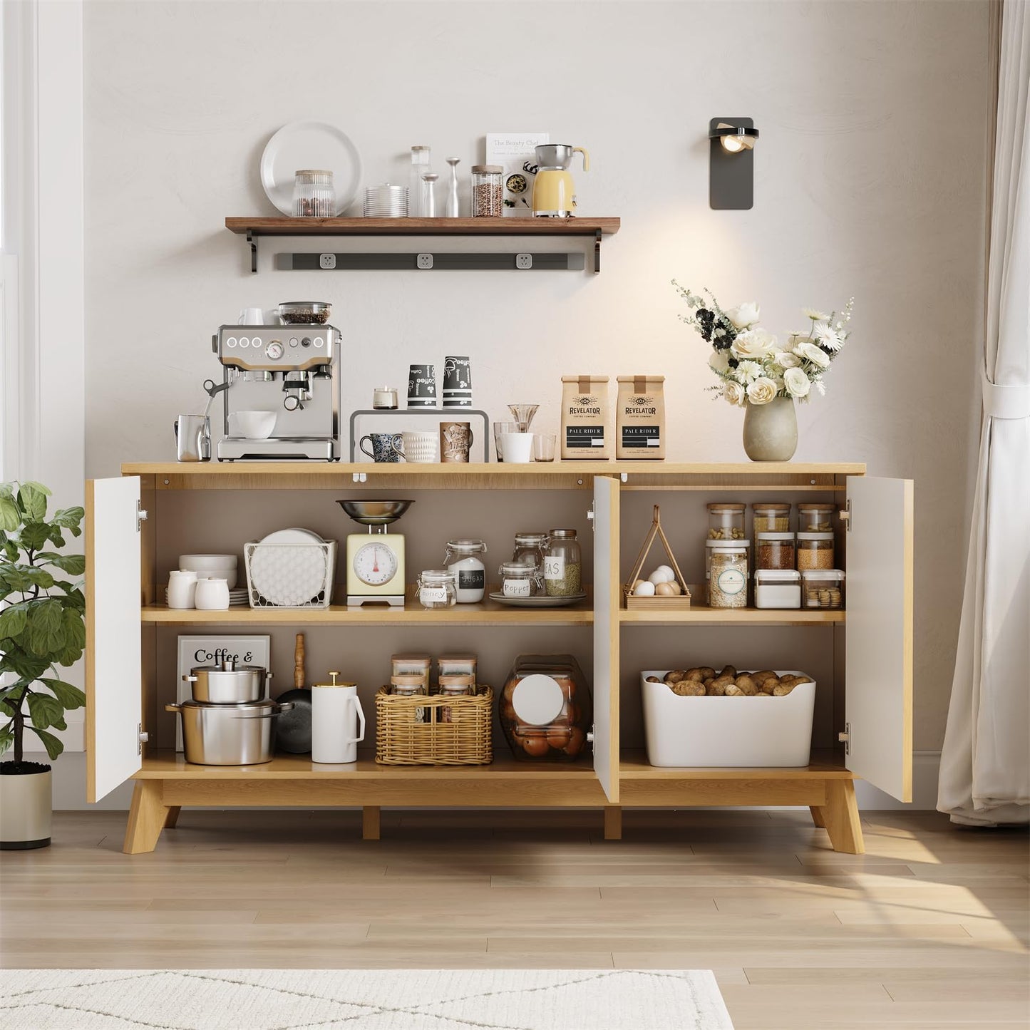 Garvee 58" Modern Farmhouse Buffet Cabinet with Curved Doors & Adjustable Shelves - Wood Storage Sideboard for Dining Room, Coffee Bar Console, Living Room
