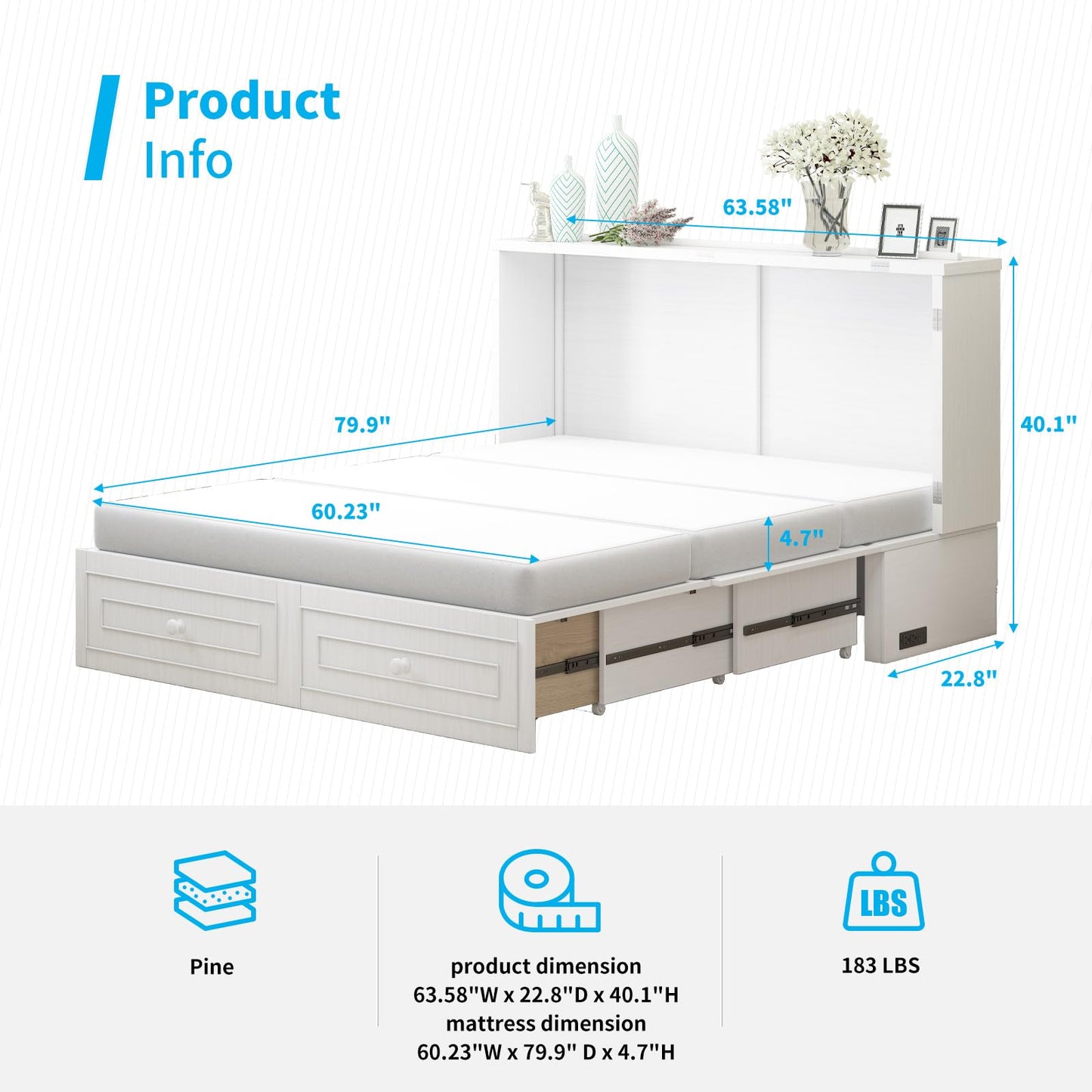 Mjkone Queen Size Murphy Bed Cabinet with Tri-Folding Mattress Included, Chest Cabinets Bed with USB Charging Station, Wall Beds with Storage Drawers for Guest Bedroom Apartment Office, White