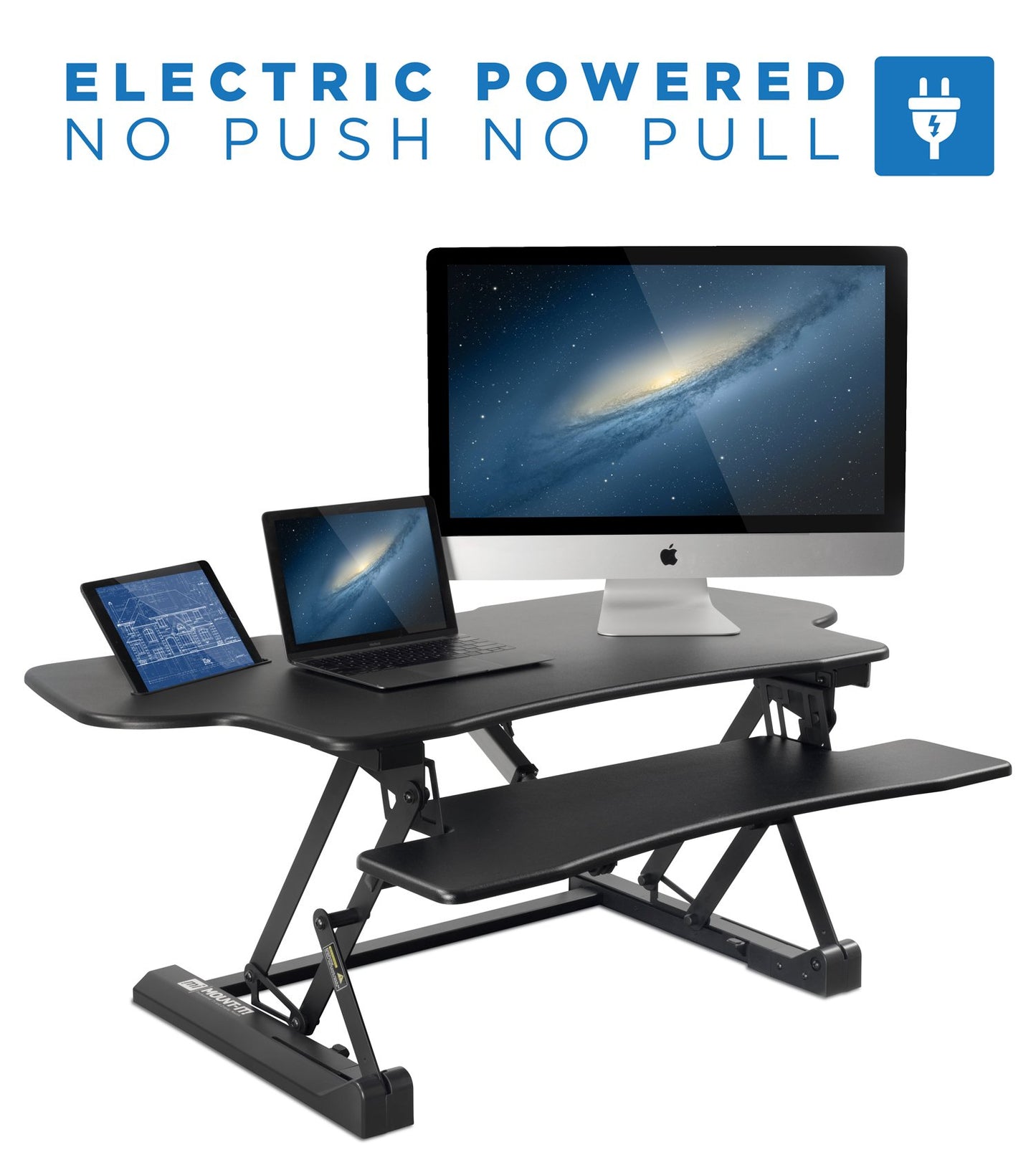 Mount-It! 48.5" Electric Standing Desk Converter for Dual Monitors, Motorized Sit Stand Electric Desk Riser with USB Port & Device Slot, Keyboard Tray, Adjustable Height Ergonomic Workstation, Black