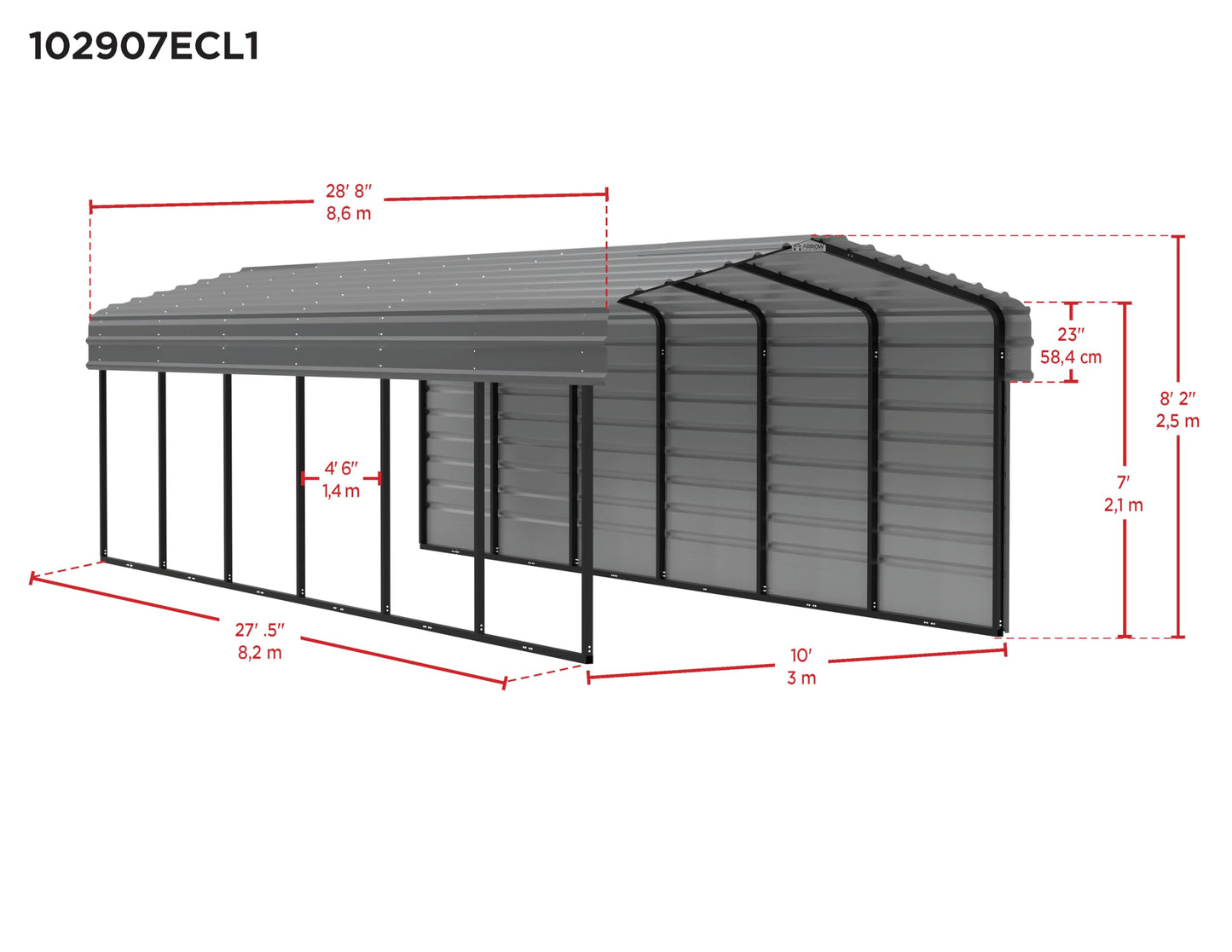 Arrow Carports Galvanized Steel Carport, with 1-Sided Enclosure, Compact Car Metal Carport Kit, 10' x 29' x 7', Eggshell