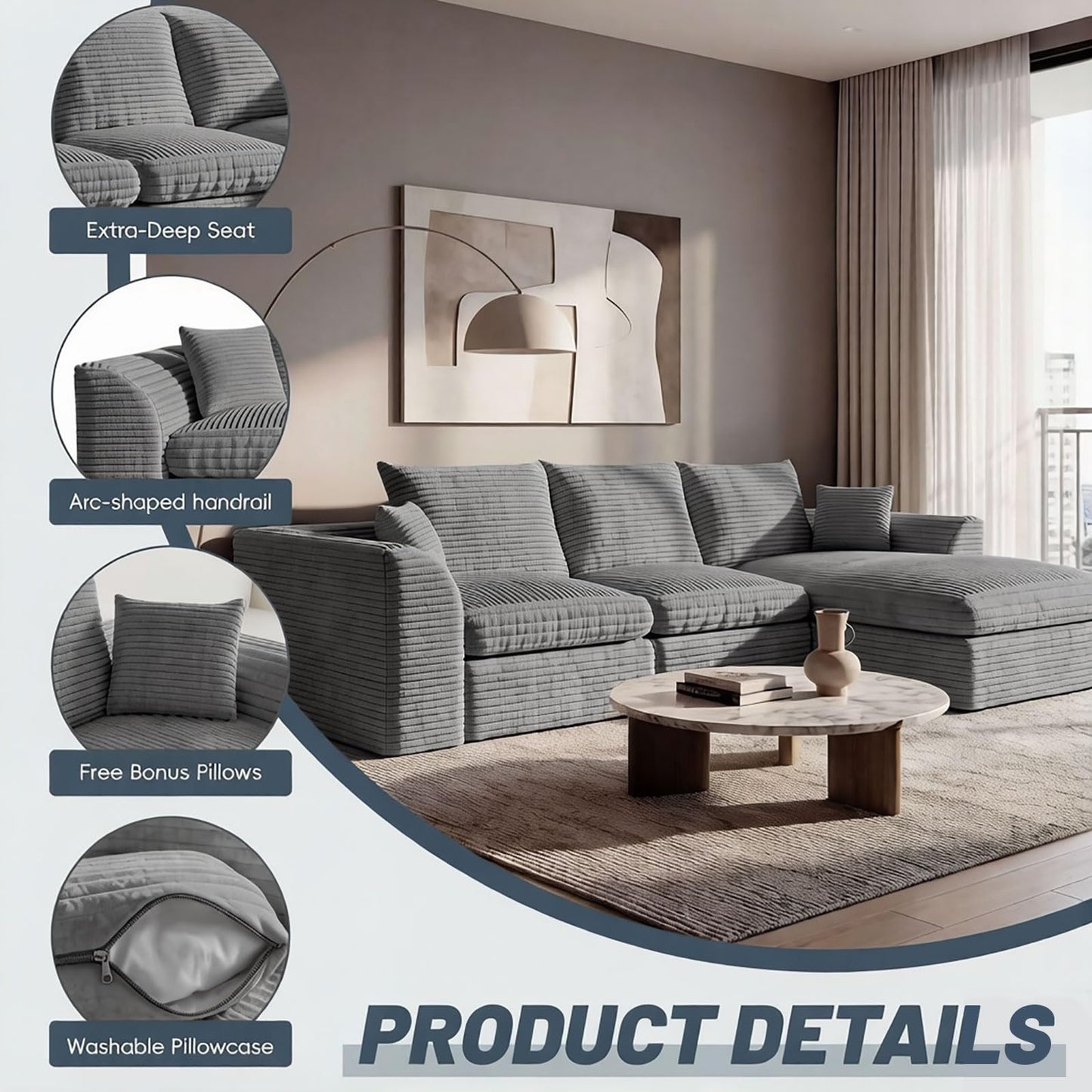 102-Inch L-Shaped Modular Boneless Cloud Sectional Sofa 4 Seat Floor Foam Sofa Couches Deep Seat with Ottoman,Comfy Corduroy Upholstered 4 PCS Compressed Cloud Couch