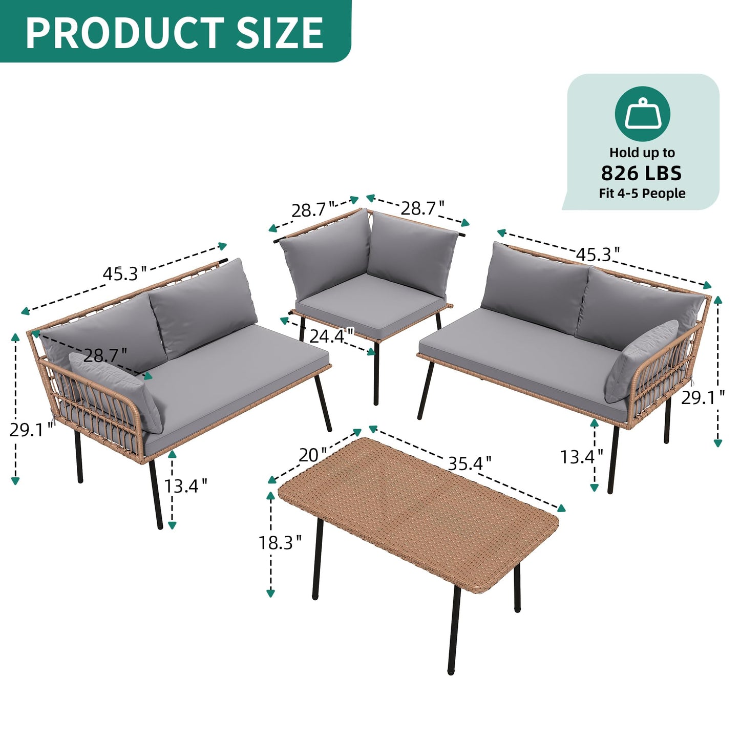 YITAHOME 4-Piece Wicker Patio Furniture Set, All Weather PE Rattan Conversation Set Sectional Sofa with Soft Cushions & Side Table, Porch Furniture for Deck, Balcony, Backyard - Grey