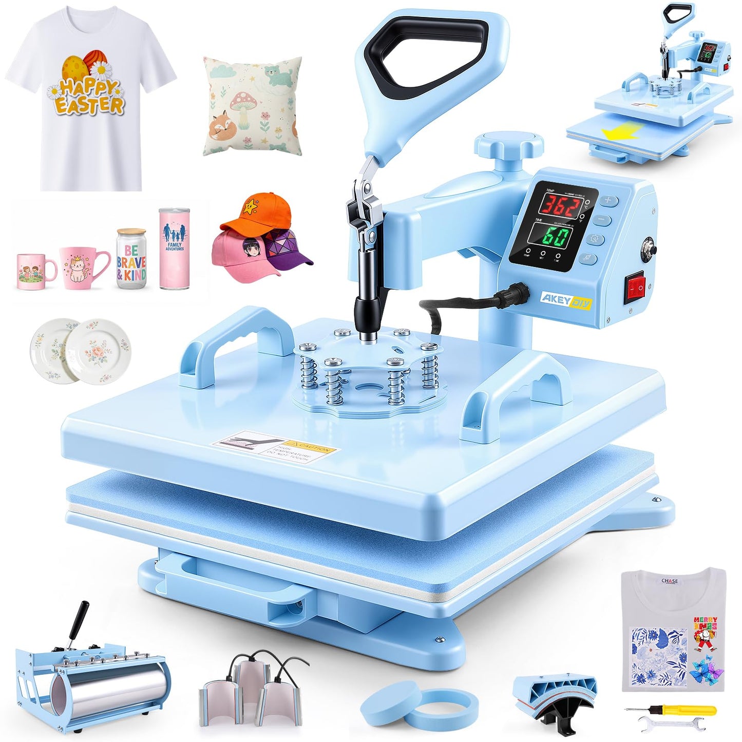 AKEYDIY Heat Press 15x15 inch 8 in 1 with 30OZ Tumbler Press, 360° Swivel Away Slide Out Digital Shirt Press Machine, Industrial Heat Transfer Machine Sublimation for T-Shirt (15x15-8 in 1 Blue)