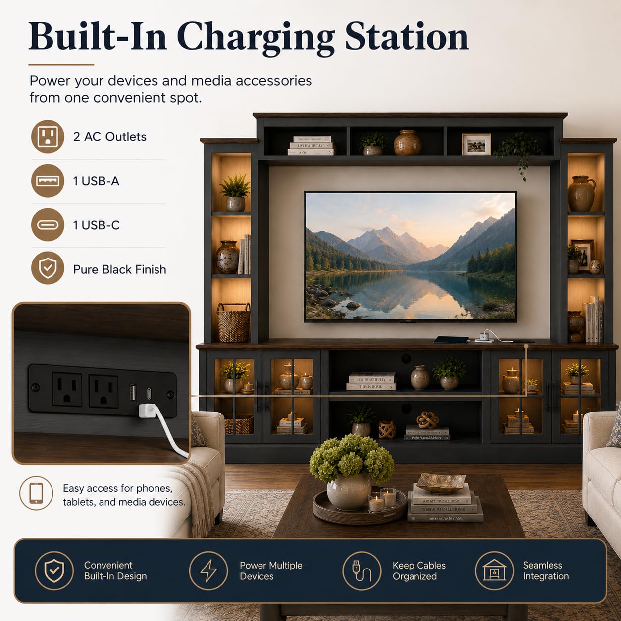 Nordivale Black Farmhouse TV Stand, Entertainment Center, 98" Wall Unit Media Console with Bookshelf, Cabinet & Power Outlets & Barn Doors, Fits TVs Up to 75” for Living Room