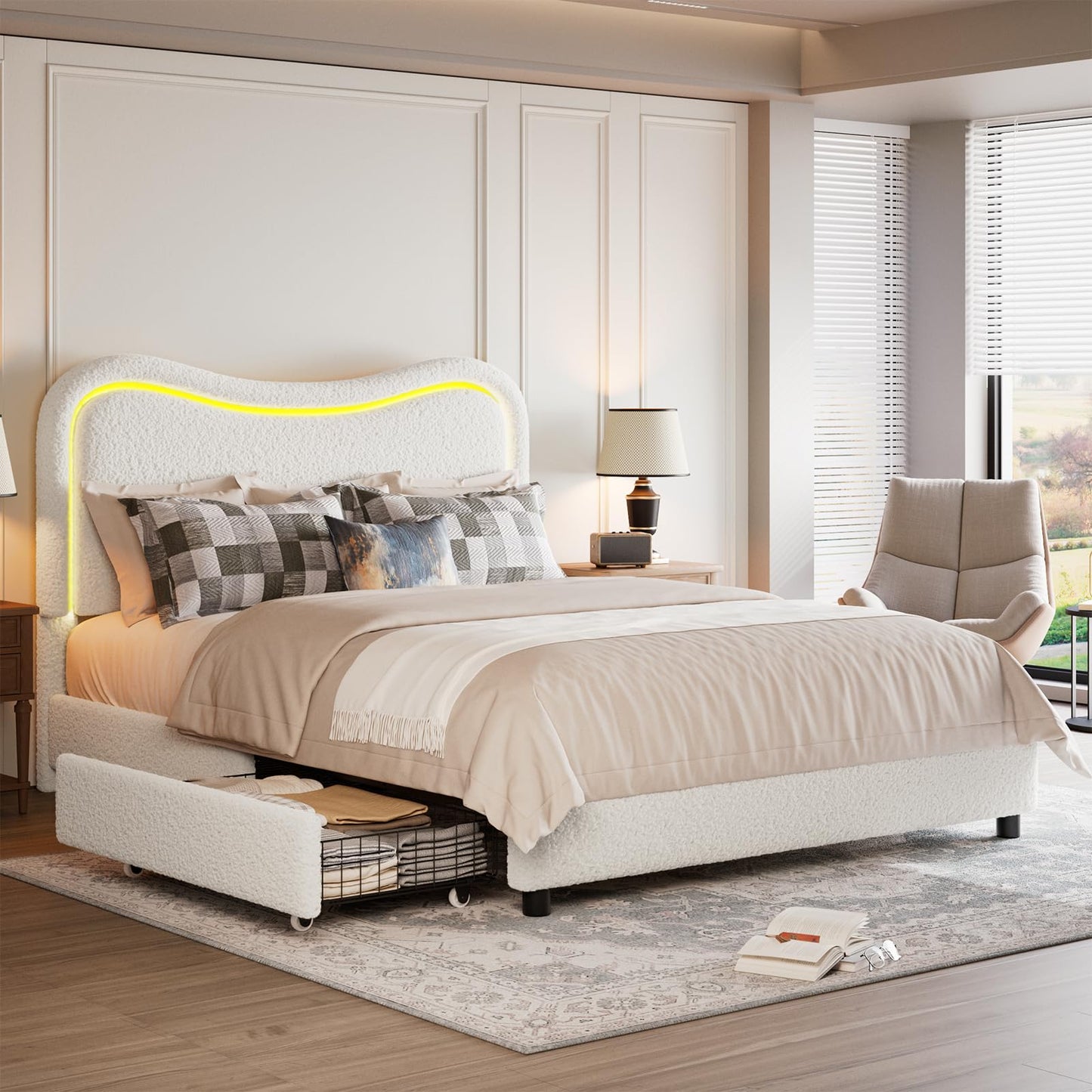 Garvee Boucle Full Bed Frame with 2 Storage Drawers, Upholstered Platform Bed with LED Headboard, Wood Slats Support, No Box Spring Needed for Kids, Teens-White