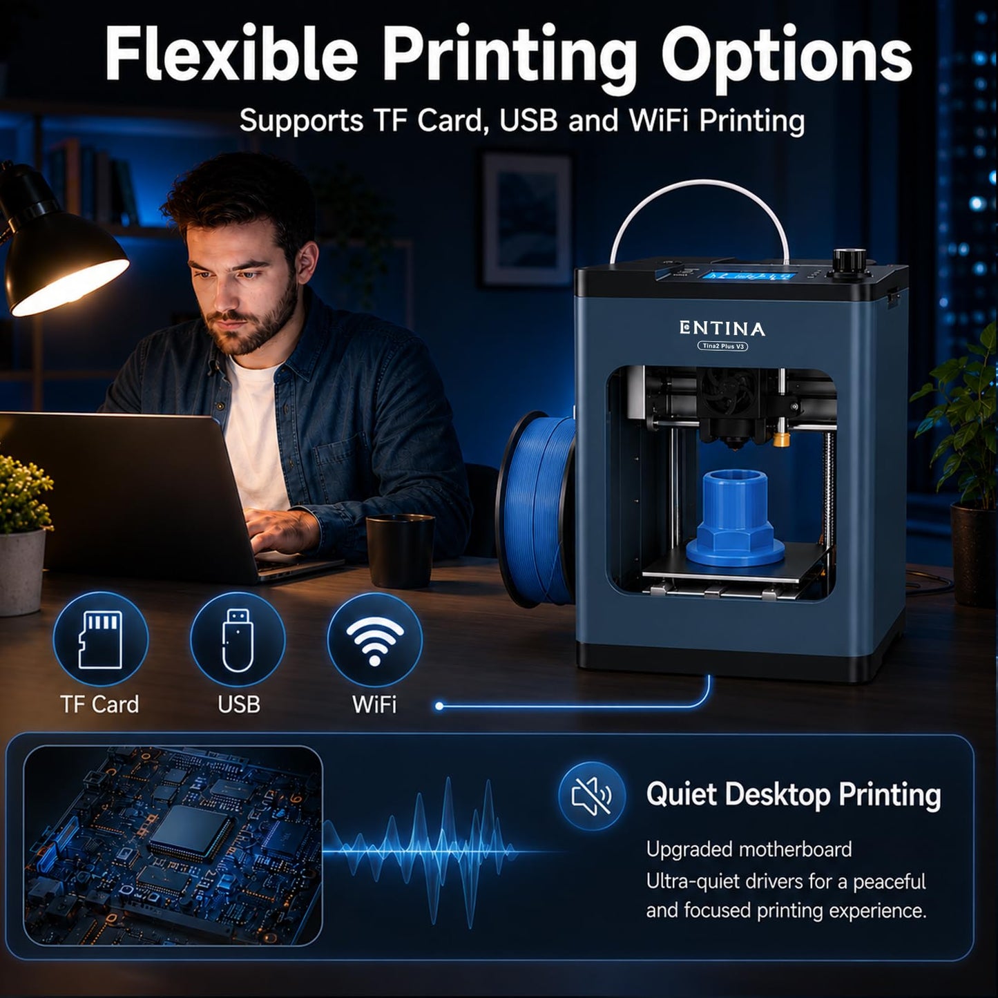 ENTINA TINA2PLUS 3D Printer,250 mm/s Fast Printing,Fully Assembled,Auto Leveling,245℃ Quick-Detach Nozzle,Dual-Sided PEI Coating Plate,Mini 3D Printer with Wi-Fi & App Control-from Beginners to Makers