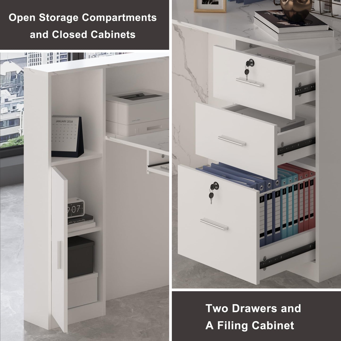 L-Shaped Reception Desk with Lockable Drawers, Adjustable File Cabinet & Keyboard Tray, Modern Front Counter for Office, Salon, or Lobby (Right-L Marble White/White, 86.6''L x 23.6''W x 41.3''H)