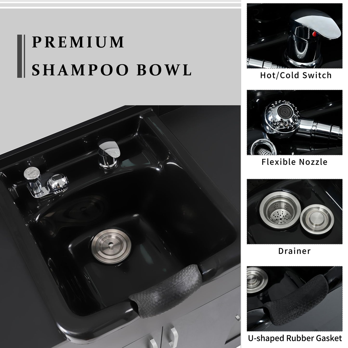 Virubi 43“ Shampoo Backwash Station for Salons,Salon Station with Shampoo Bowl & Storage Layer, Drawer,10V Outlets, USB Port, Faucet Sprayer, Salon Equipment for Spa Beauty