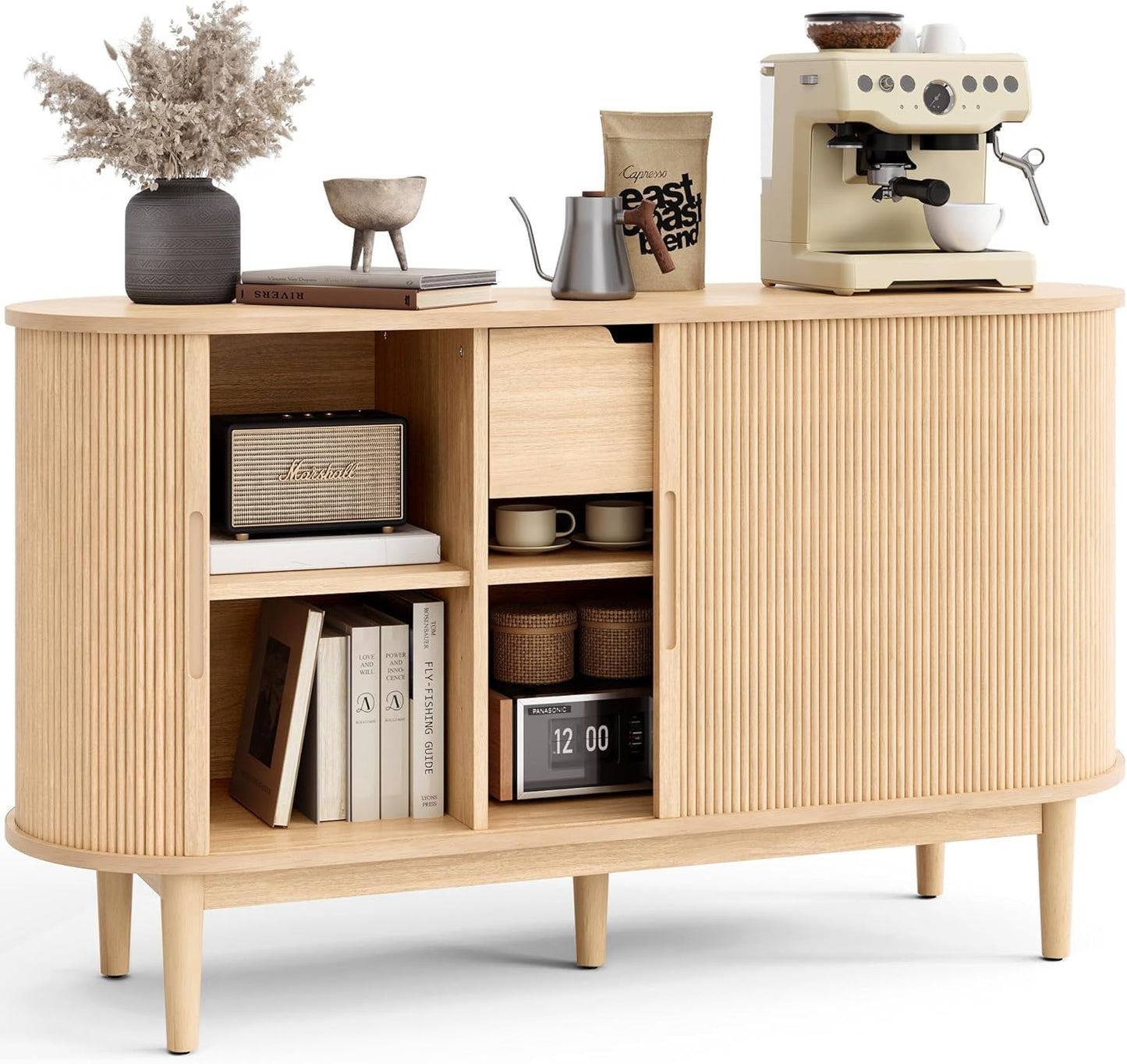 LINSY Home 55" Sideboard Buffet Cabinet,Tambour Sliding Doors & Drawer