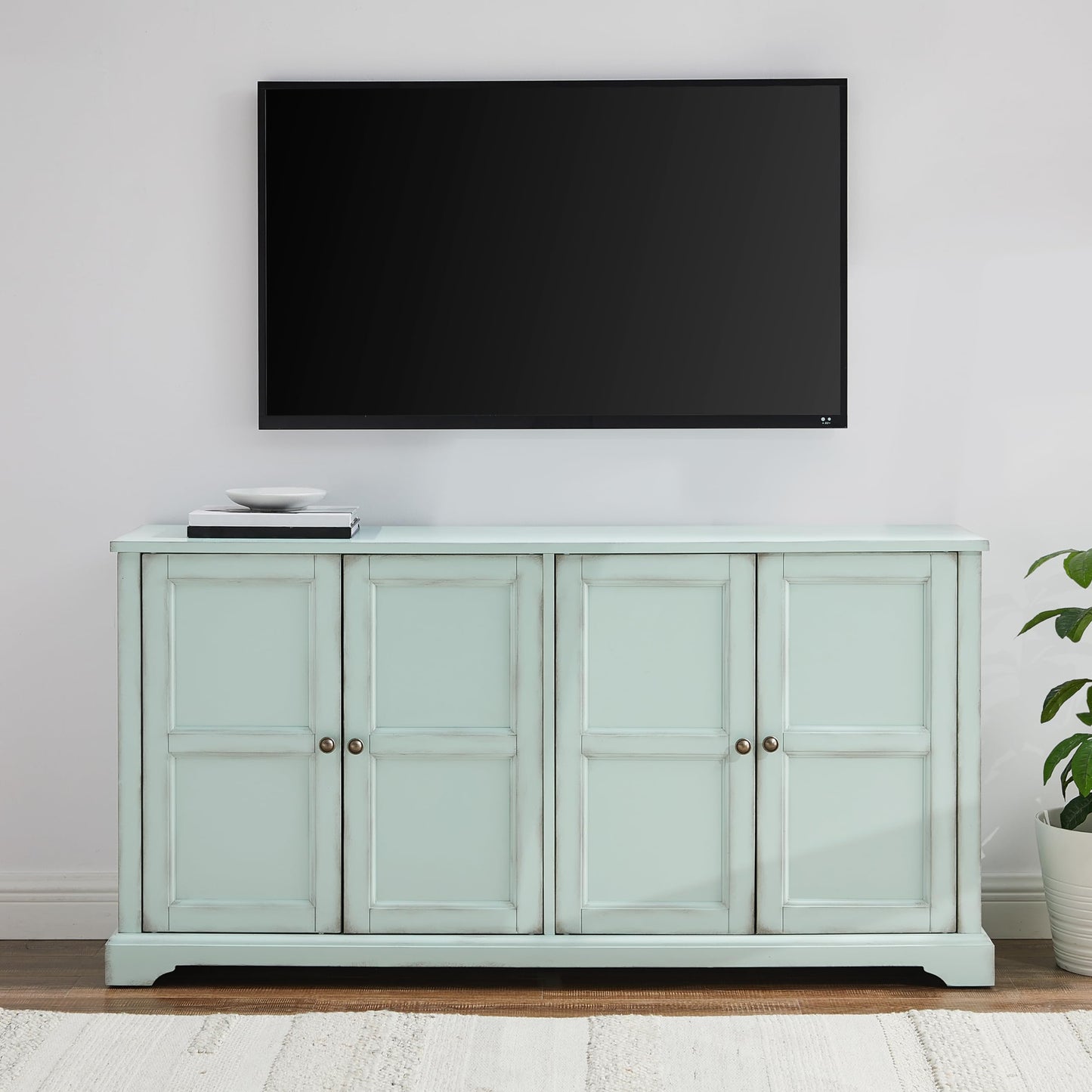Crosley Furniture Holbrook Traditional Sideboard Buffet Cabinet, Kitchen Storage, Living Room TV Stand, Distressed Seafoam Blue