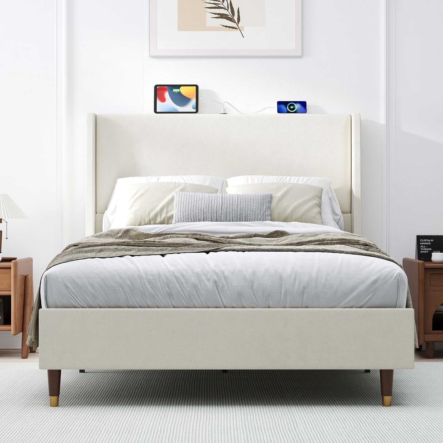 MALOL Full Bed Frame with Upholstered Linen Headboard, Platform Bed with USB Charging Ports, Sturdy Metal Frame, No Box Spring Required, Quiet Noise-Free Modern Bedroom Furniture, Beige