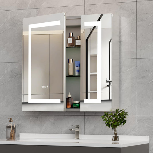 BROBIG 24x26 Medicine Cabinet with Lights, Surface or Recessed Aluminum Medicine Cabinet with Mirror & Light, 3-Color Temperature, Stepless Dimming, Anti-Fog Storage Mirror for Bathroom