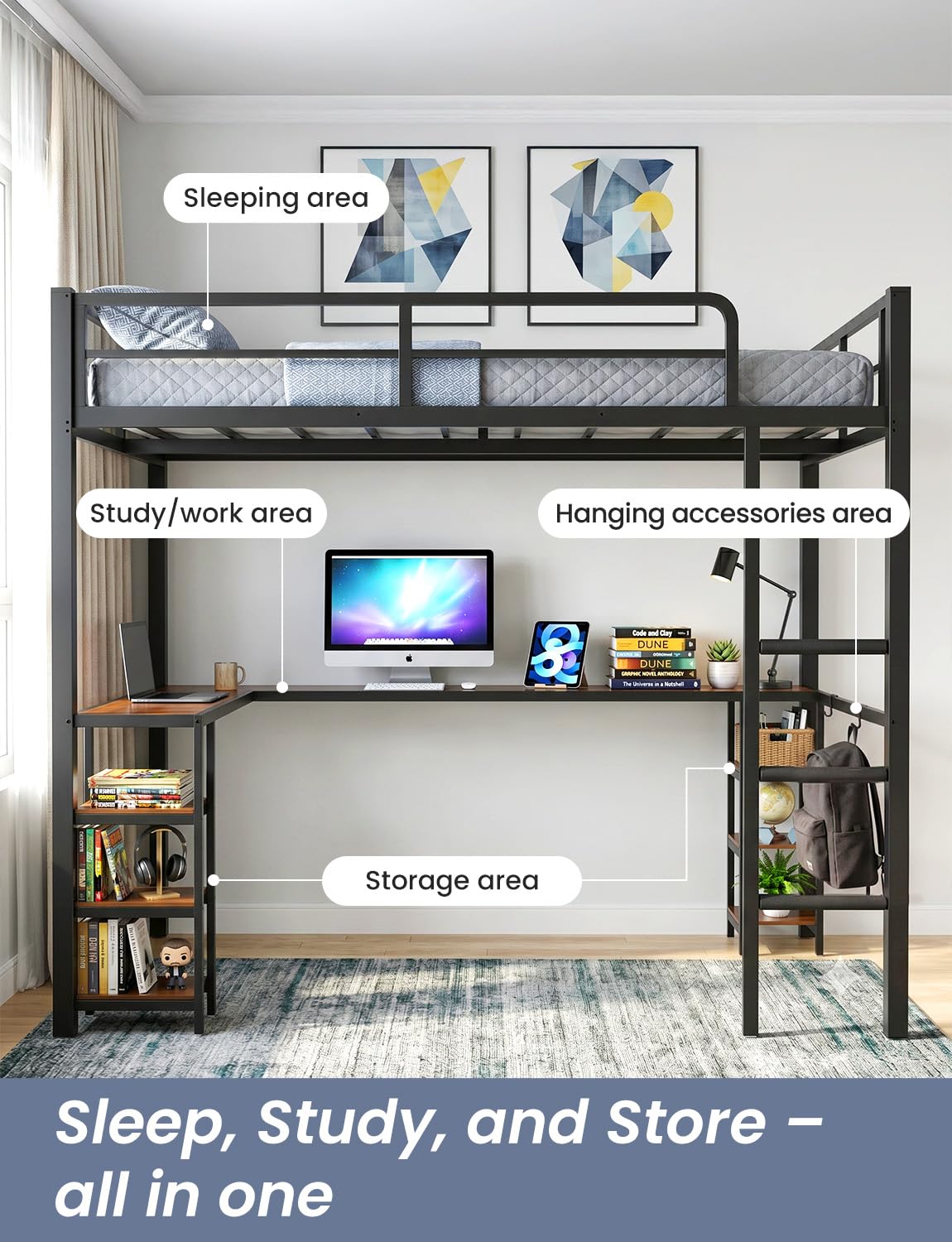 Feetice Full Size Loft Bed with Desk, Metal Frame with Shelves and Clothes Rack, Anti-Tilt Design & 12" Safety Rail, Space-Saving Loft Bed for Teens, Black