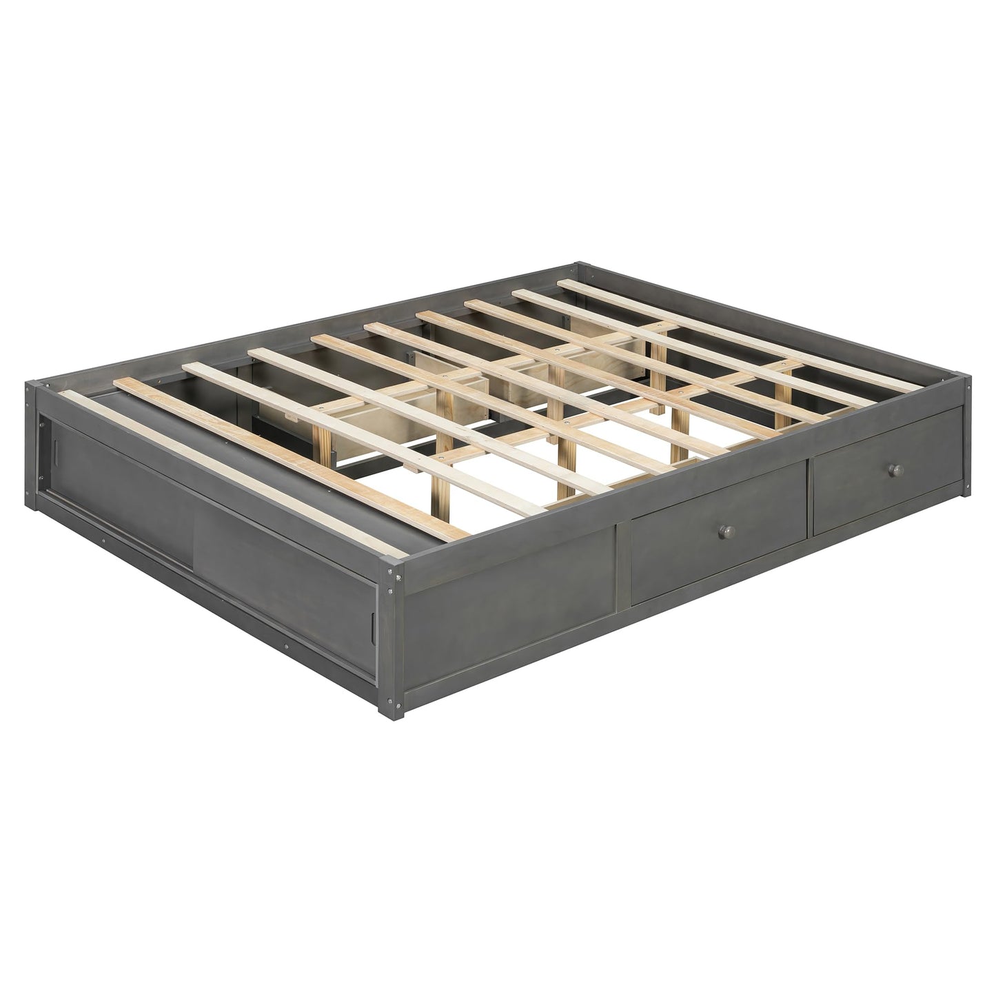 Merax Queen Size Wood Platform Bed with 4 Underbed Drawers and Footboard Storage Cubby, Minimalism Bed Frame with Solid Wooden Slat Support for Bedroom, No Box Spring Needed, Easy Assembly, Gray