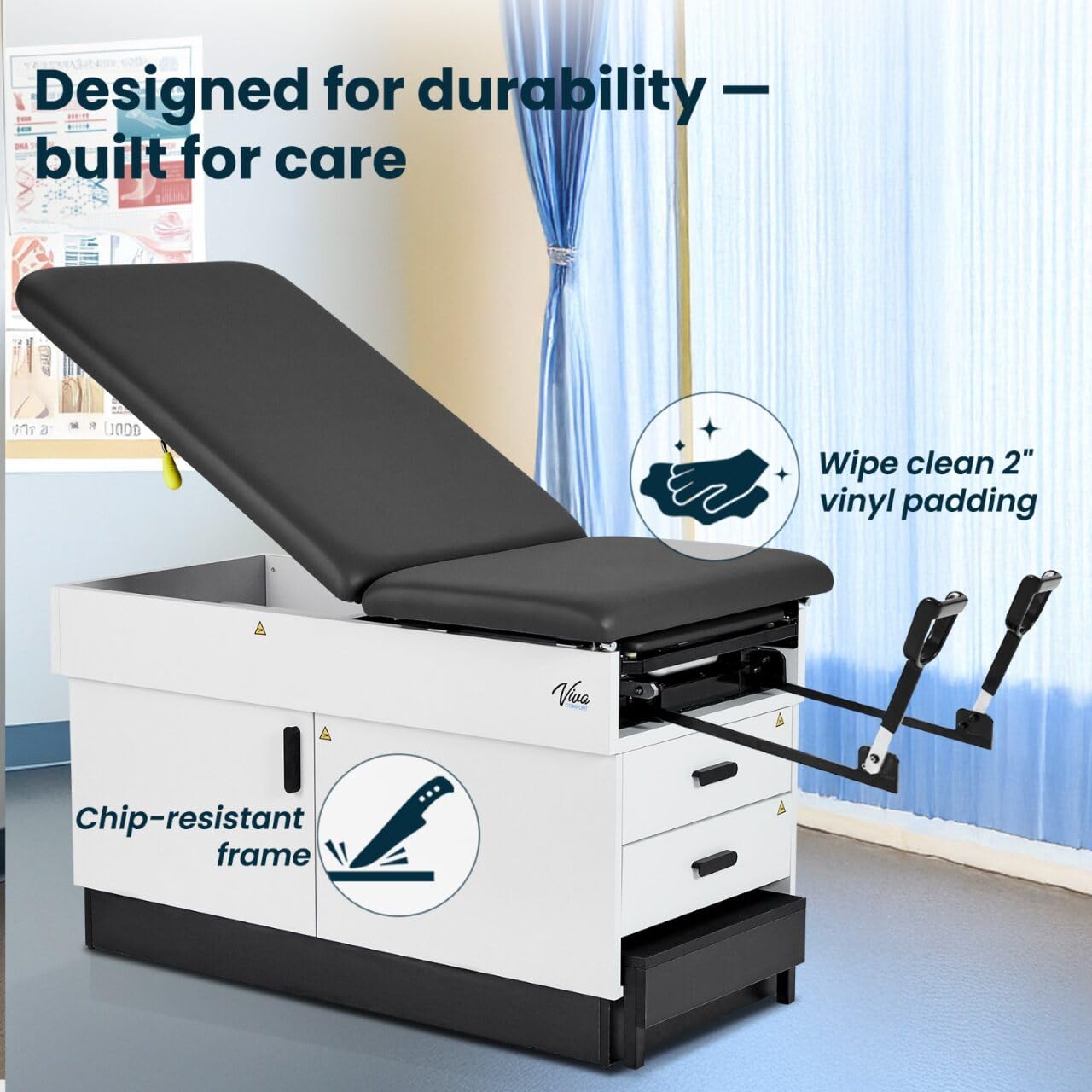 Vivacomfort Slim Line Medical Exam Table with Stirrups, Black, 420 lbs Weight Capacity