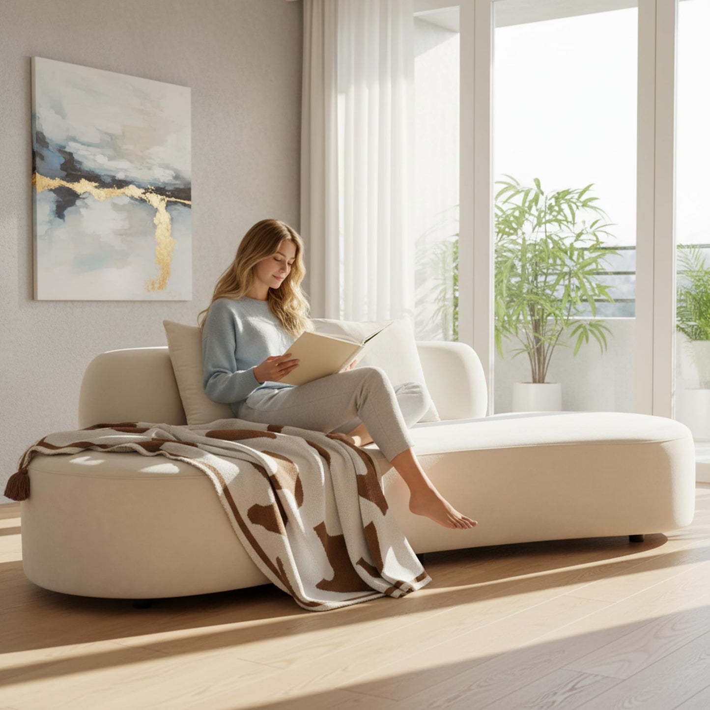 Container Furniture Direct 90" Curved Sofa with Throw Pillows, 4 Seater Luxury Velvet Couch with Half Moon Design and High-Density Foam, Ideal for Modern Living Room, Office & Apartment, Ivory