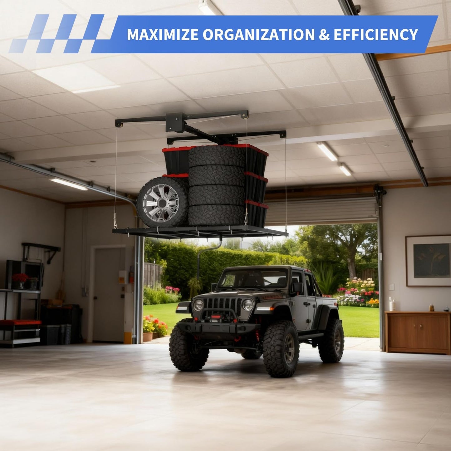 Garvee Overhead Garage Lifting Storage Rack, 4x4 ft Heavy-Duty Carbon Steel Ceiling Storage Rack, Adjustable Organization System, 350Lbs Safe Load (Tested to 600Lbs), Manual Crank Lift Design