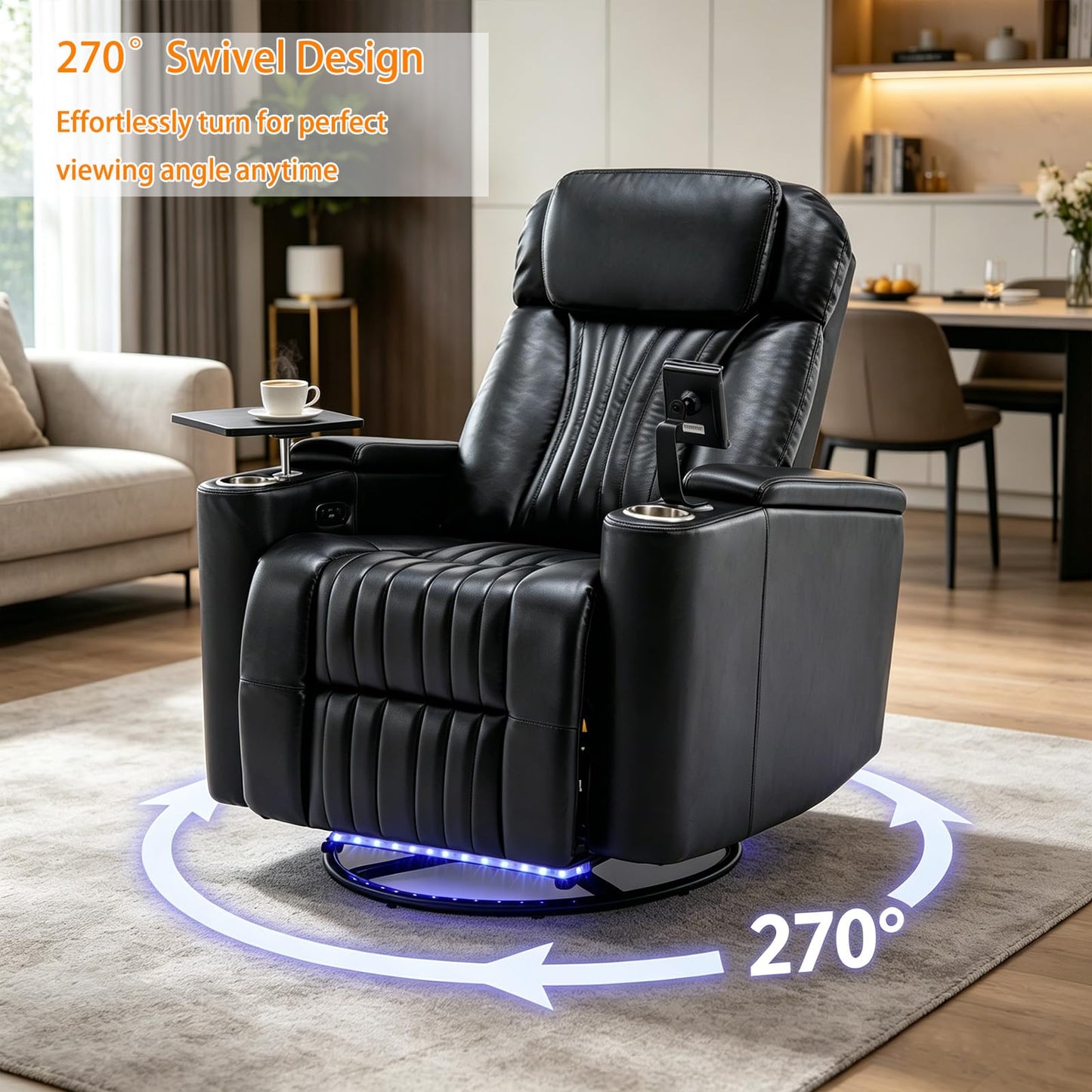 COSYTREE Home Theater Seating Power Recliner Chair, 270°Swivel PU Leather Theater Recliner with LED Ambient Lights, 360°Rotating Tray Table,USB Charging,Cup Holders & Hidden Arm Storage, Black