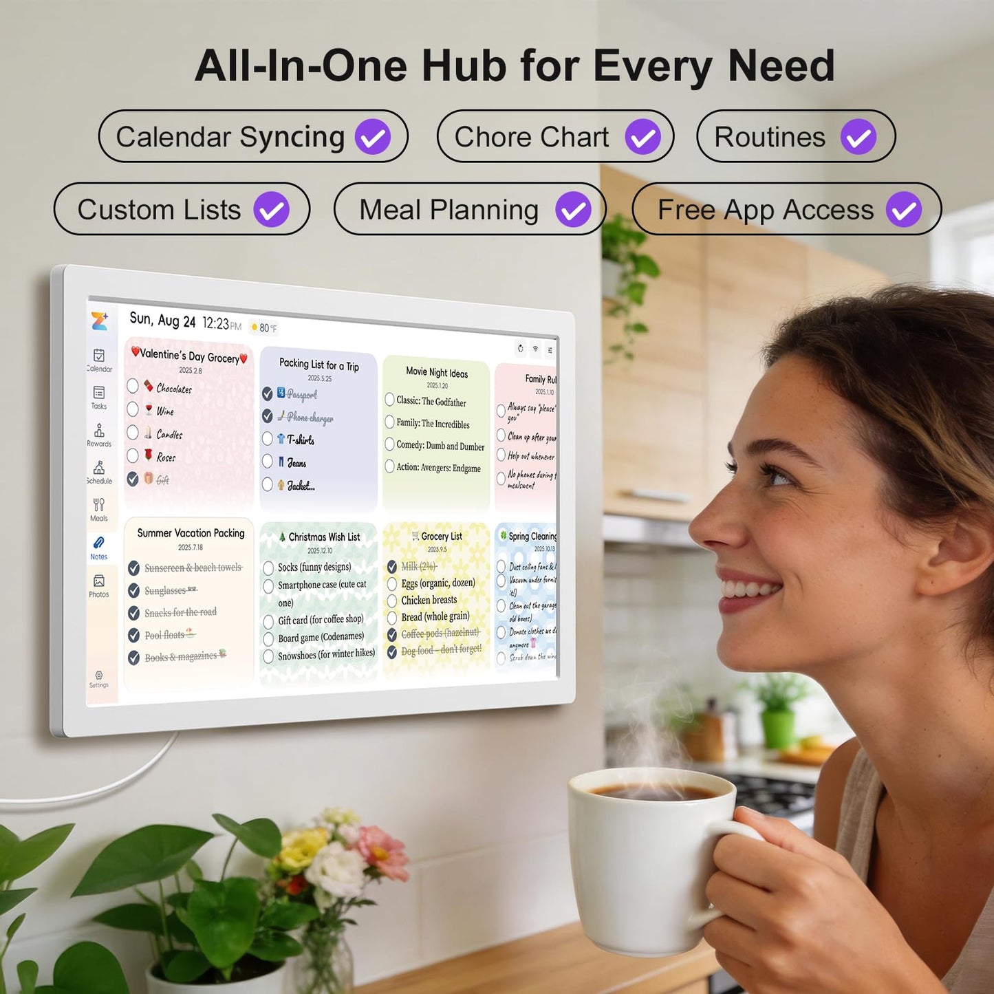 JSUSOU 24 Inch Magnetic Digital Smart Calendar for Refrigerator - Free APP & Touch Screen Chore Chart, Family Schedule Organizer & Interactive Electronic Calendar, Fridge/Wall Mountable, White