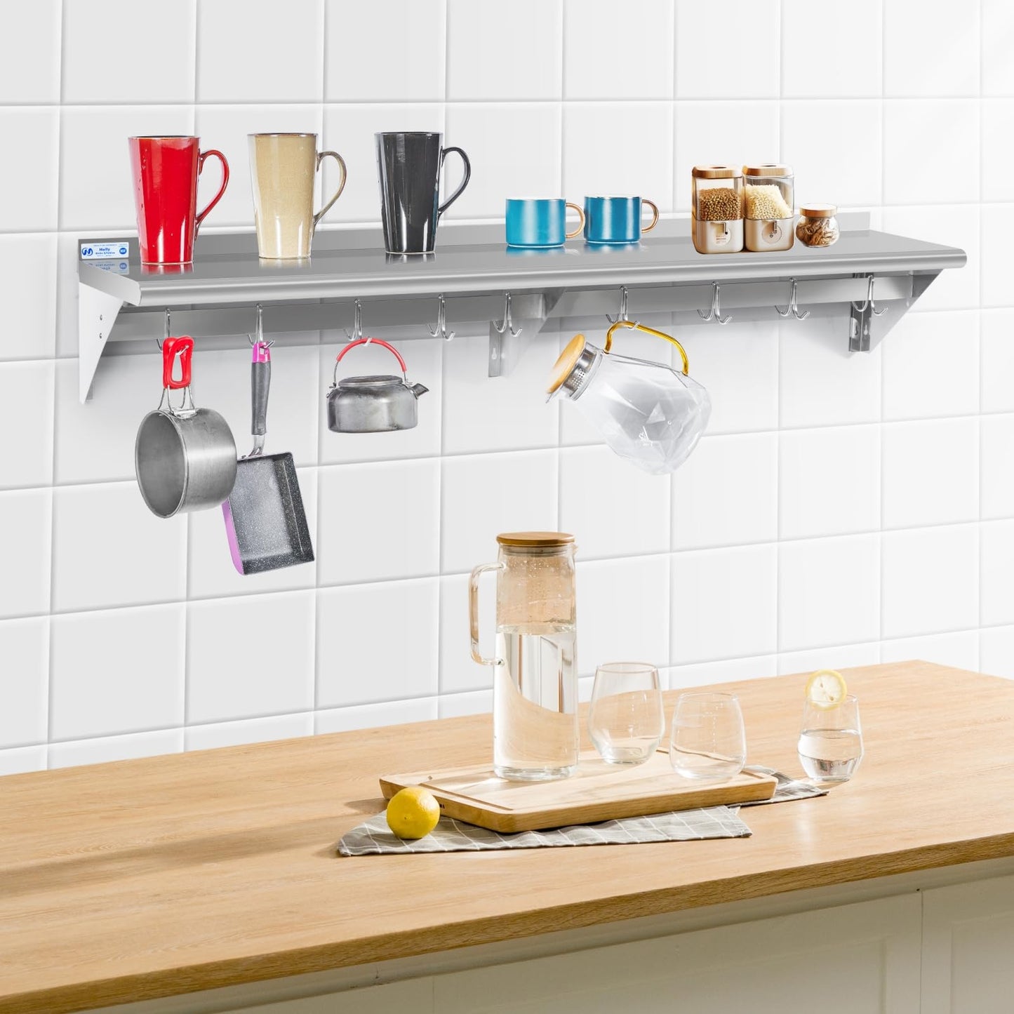 Hally Stainless Steel Shelf with 9 Hooks 18" x 72" Wall Mounted Pot Rack 500lb, NSF Commercial Floating Shelving for Storage Hanging Pots, Pans, cookware in Restaurant, Kitchen, Home and Hotel