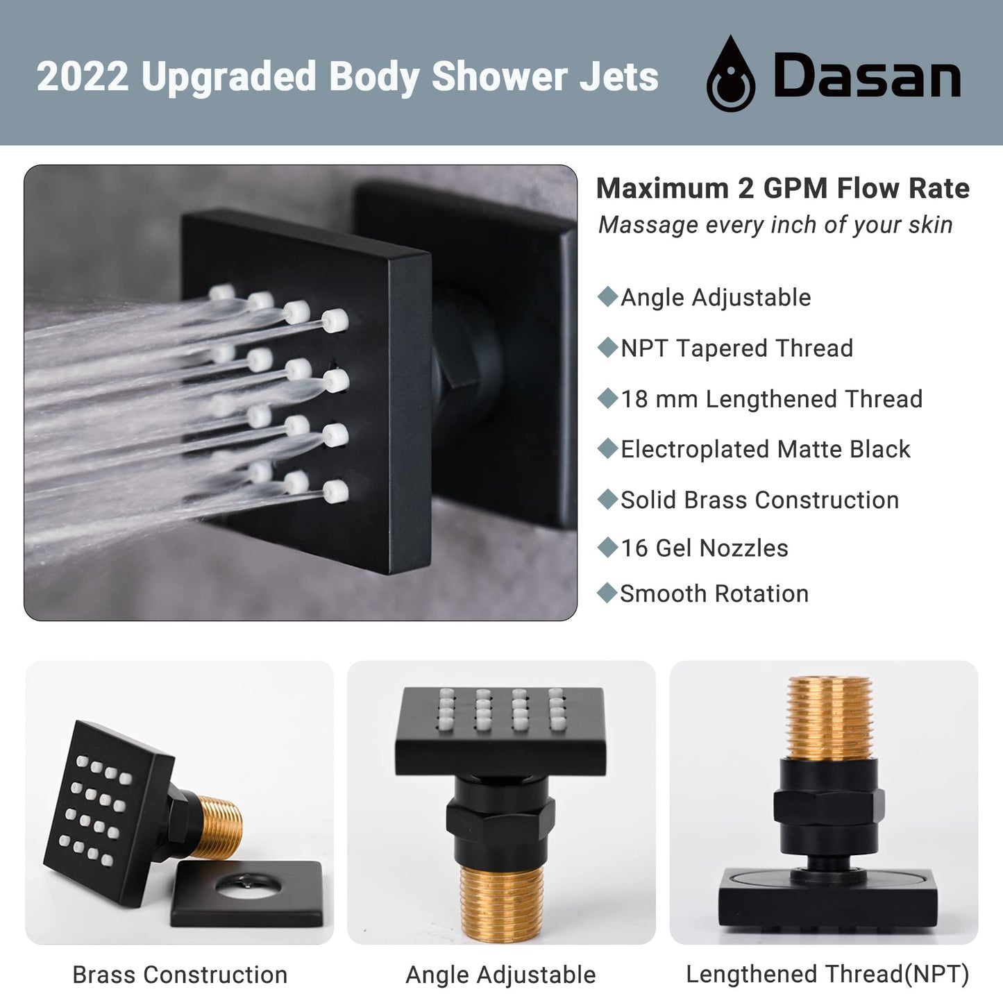DASAN Full Body Shower System with 6 PCS Body Spray Jets & 12'' Rain Shower Head & Handheld, Ceiling Mount Rain Shower System Matte Black Shower Faucets Sets Complete with Valve, SA-SS03AMB-S12C2