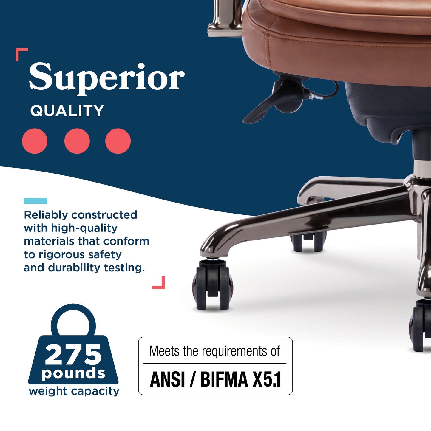 La-Z-Boy Opus Executive Mid-Back Office Chair, Channel-Tufted Seat and Back, Double-Layer Cushion, Padded Arms, Ergonomic Computer Desk Chair, Swivel Metal Base, Bonded Leather, Cognac and Graphite