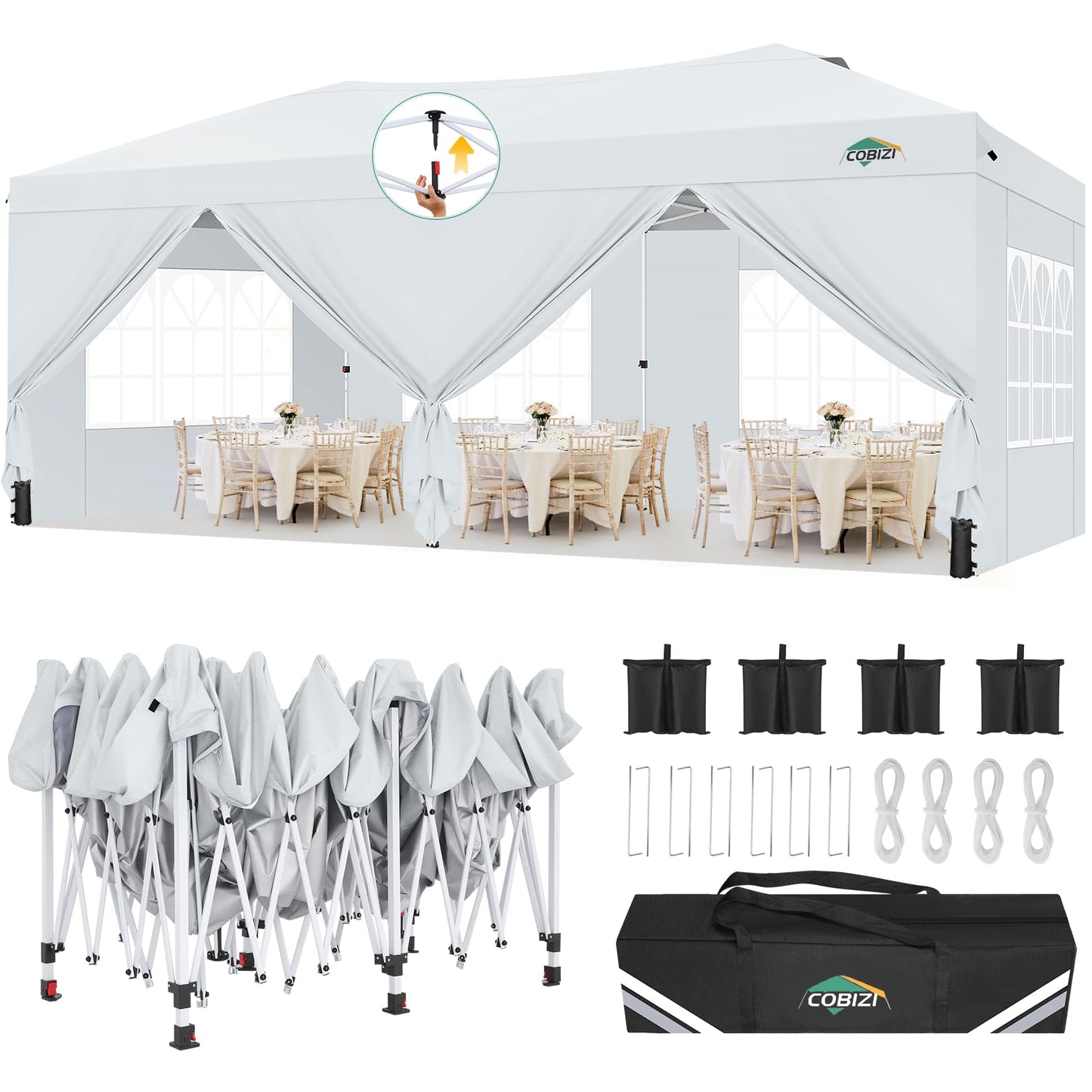 COBIZI Canopy 10x20 Pop Up Canopy Tent with 6 Sidewalls, One Push Party Tents for Parties Outdoor Wedding Waterproof Gazebo Commercial Event Tent with Sandbags, Swan White