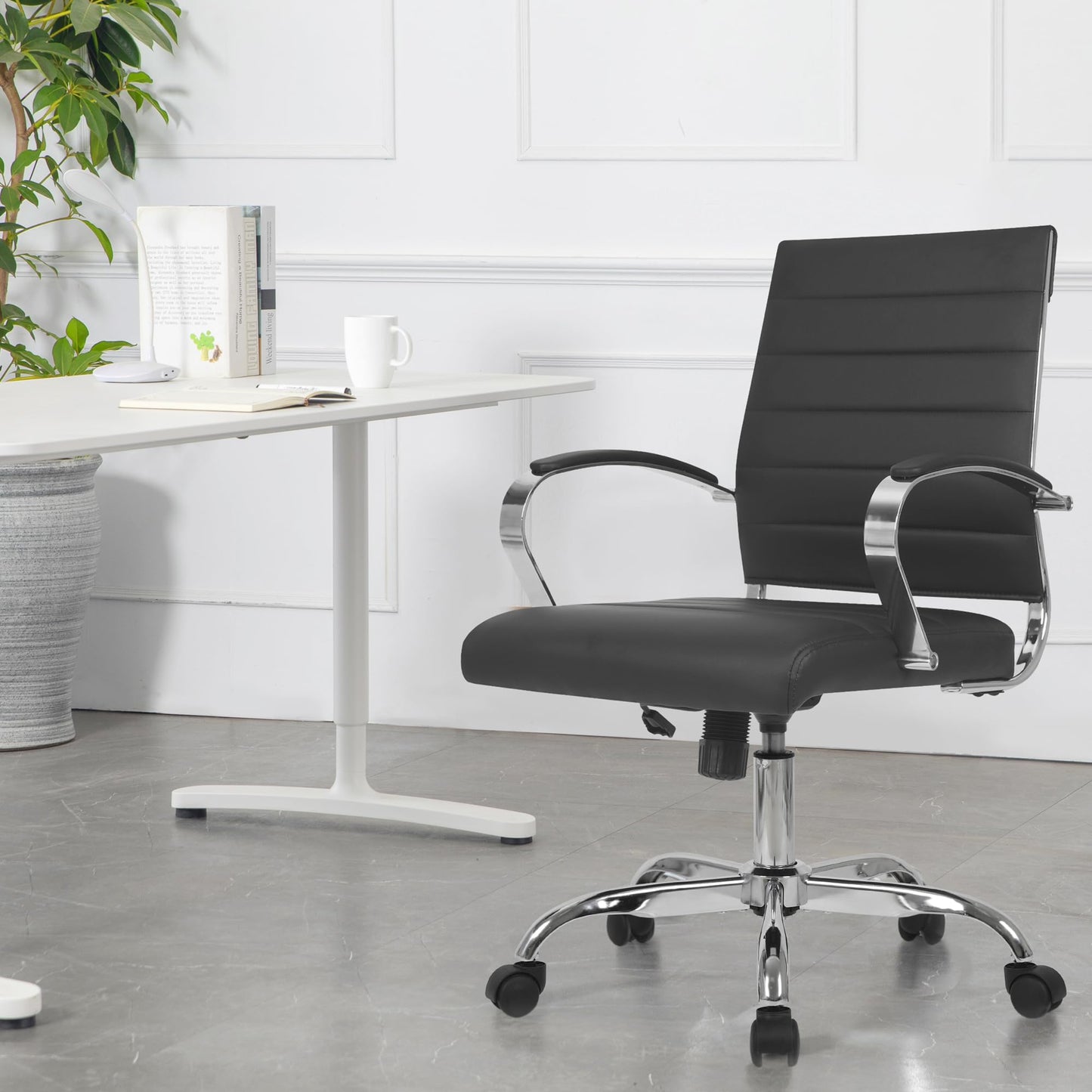 LANDSUN Home Office Chair Mid Back Desk Chair PU Leather Ribbed Executive Swivel Computer Chair with Wheels and Armrests Soft Padded Adjustable Height Conference Task Black