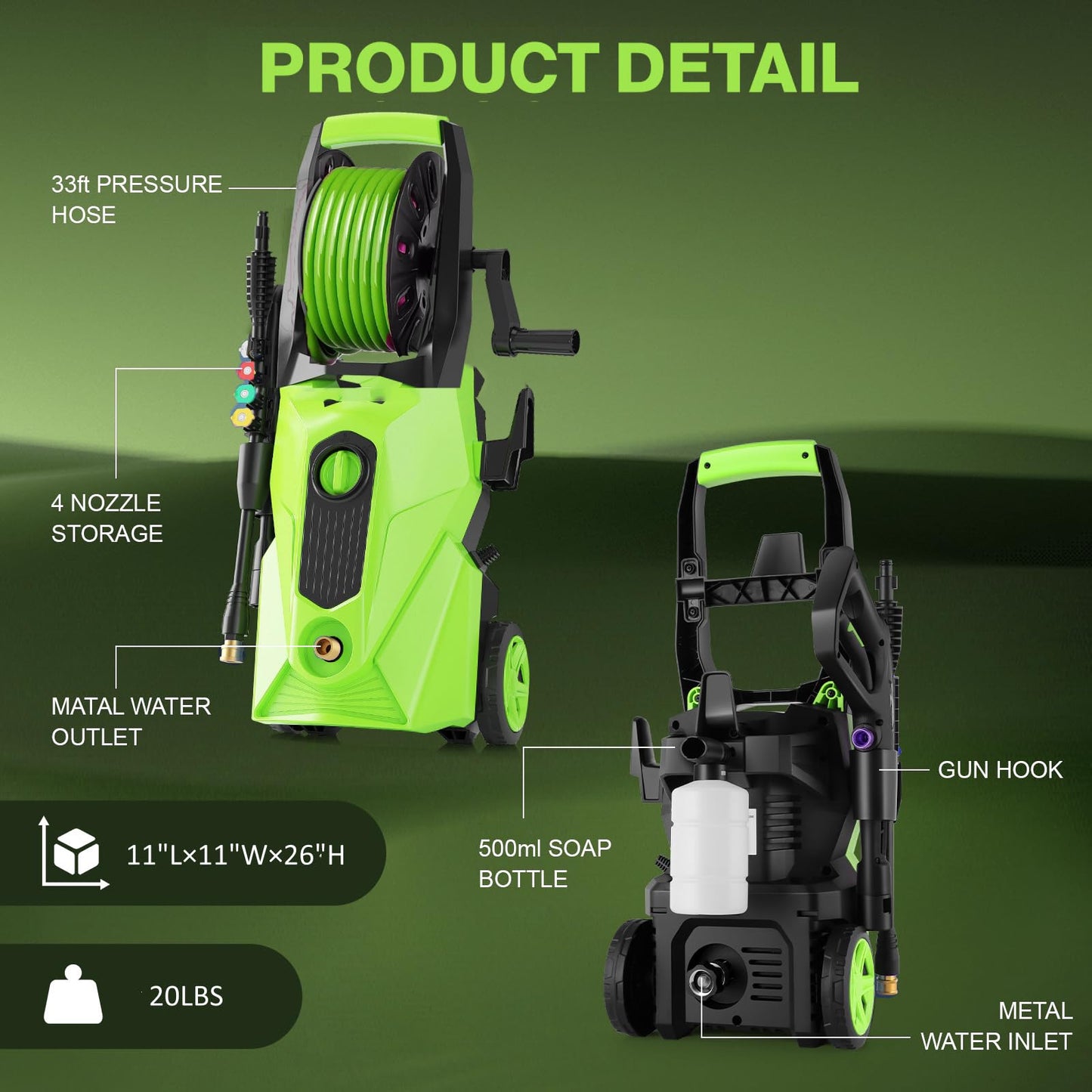commowner 5000PSI Electric Power Washer with 33FT Flexible Extension Pressure Washer Hose, 4 Nozzles, Professional PowerWashers for Home/Car(Green)