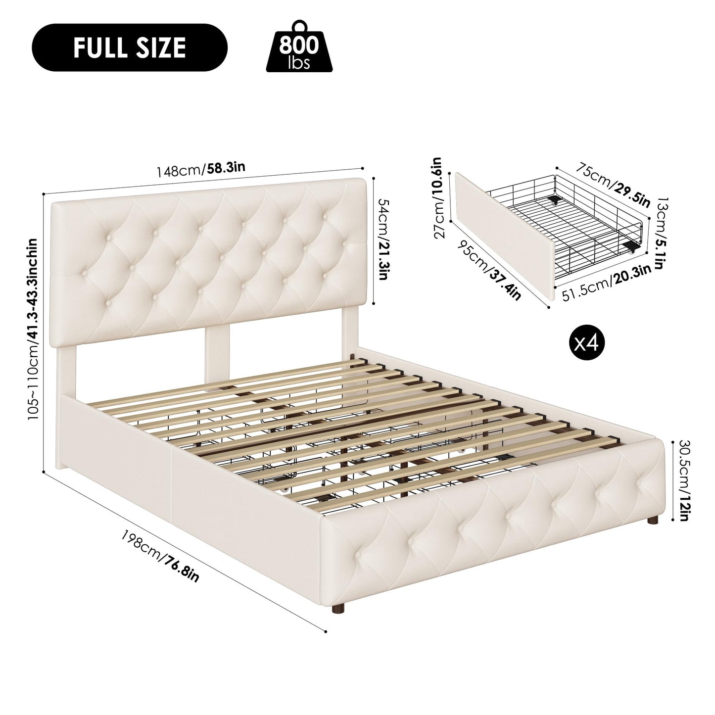 Keyluv Full Size Upholstered Platform Bed Frame with 4 Storage Drawers, Modern Beige Fabric Bed with Adjustable Button Tufted Headboard, Solid Wooden Slat Support, Easy Assembly