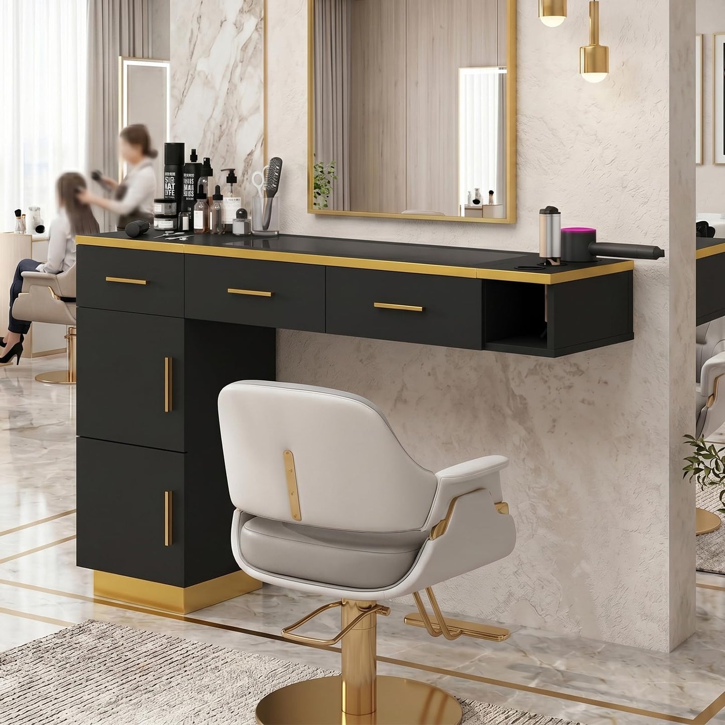 Oakvera Wall Mount Salon Station with Glass Top, L-Shaped Barber Styling Station for Hair Stylist, Professional Salon Storage Furniture with 3 Drawers, 2 Cabinets & 3 Tool Holders, Black