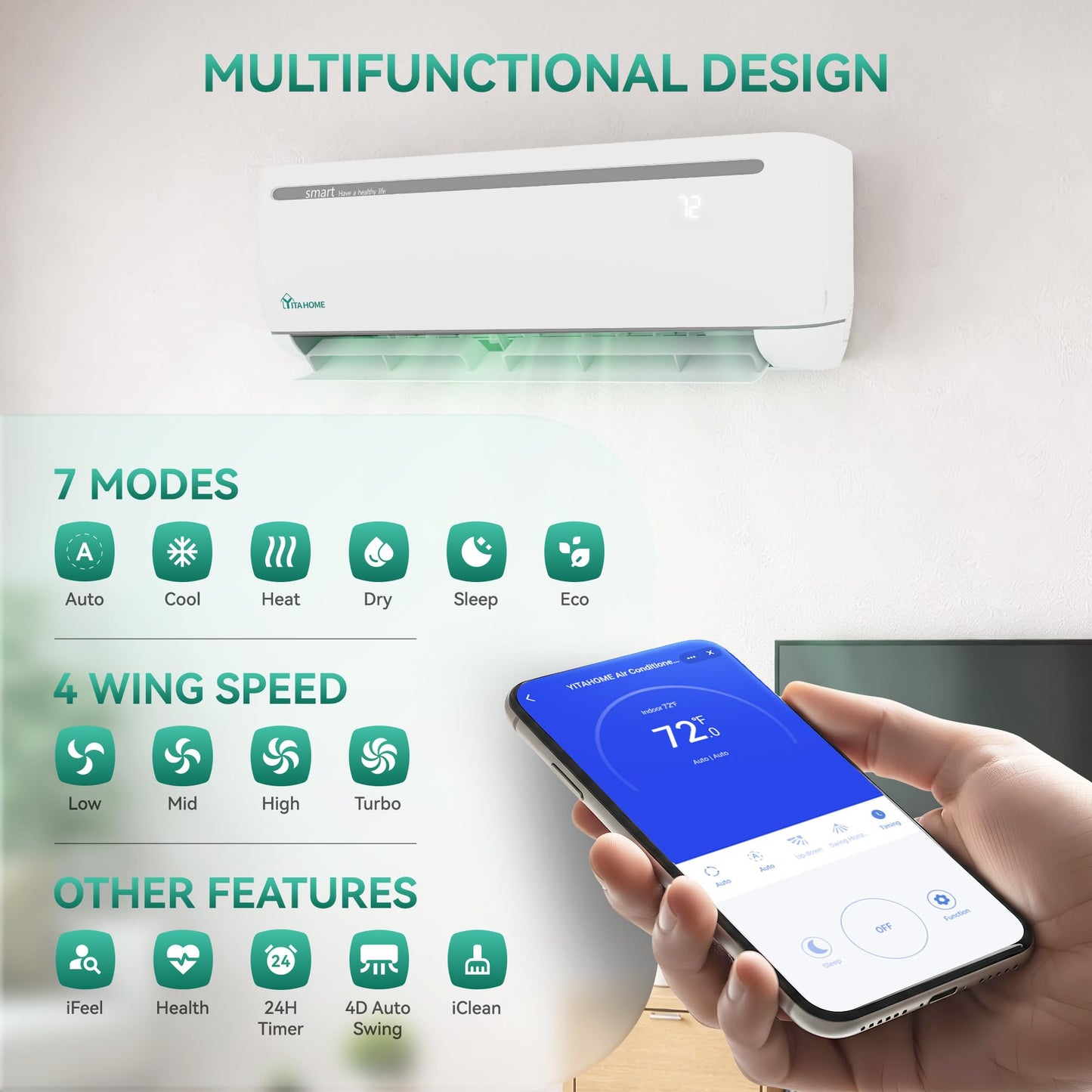 YITAHOME Mini Split AC/Heating System, 24000 BTU Ductless Mini Split Air Conditioner Heat Pump, 208/230V SEER2 18.5 Energy Efficient Inverter AC Unit,Wifi Enabled Works with Alexa, 2 Ton,J Series