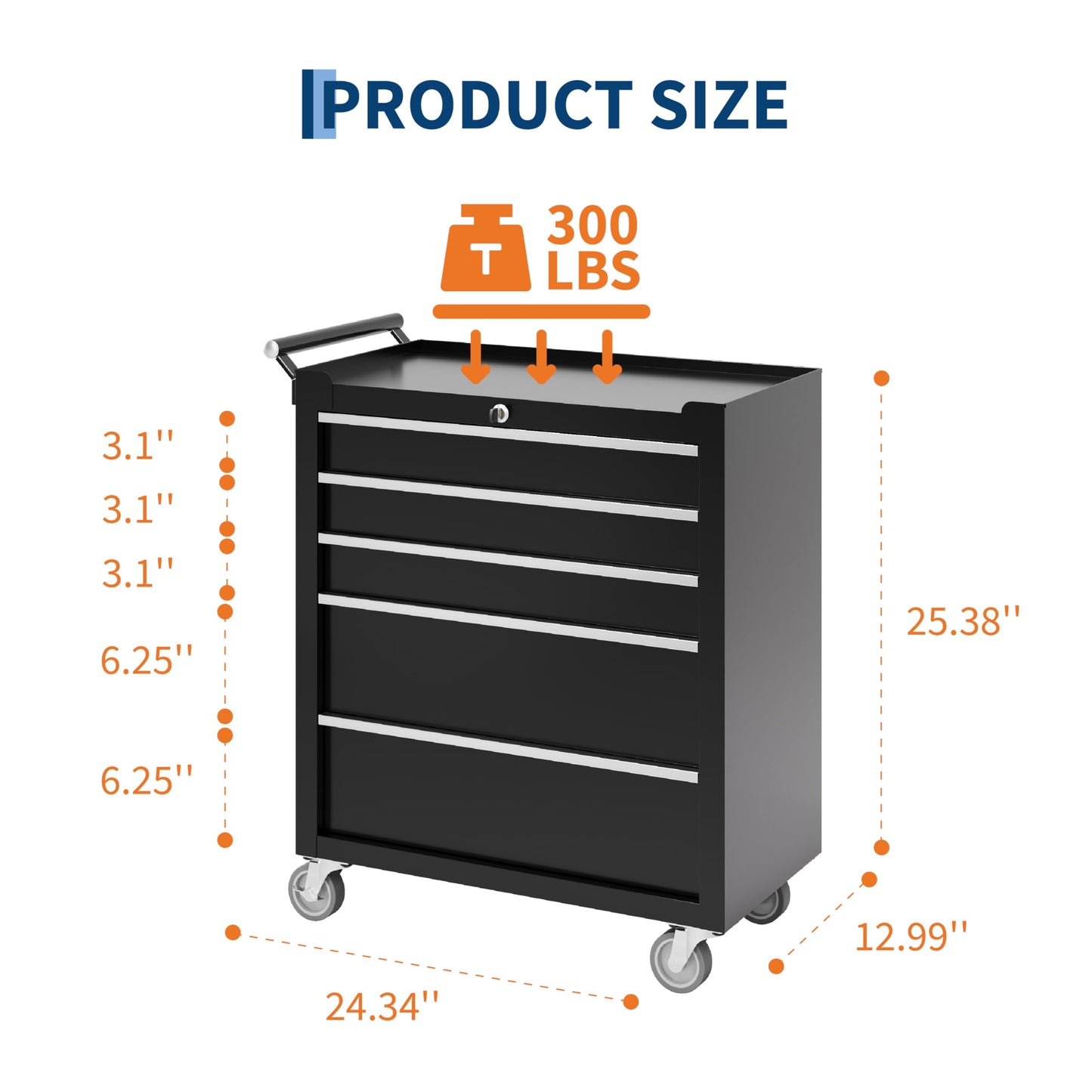 PeakPursuit 5-Drawers Rolling Tool Chest, Portable Tool Box with Wheels and Lock System, Secure Storage Cabinet for Warehouse, Workshop, and Repair Shop, Black