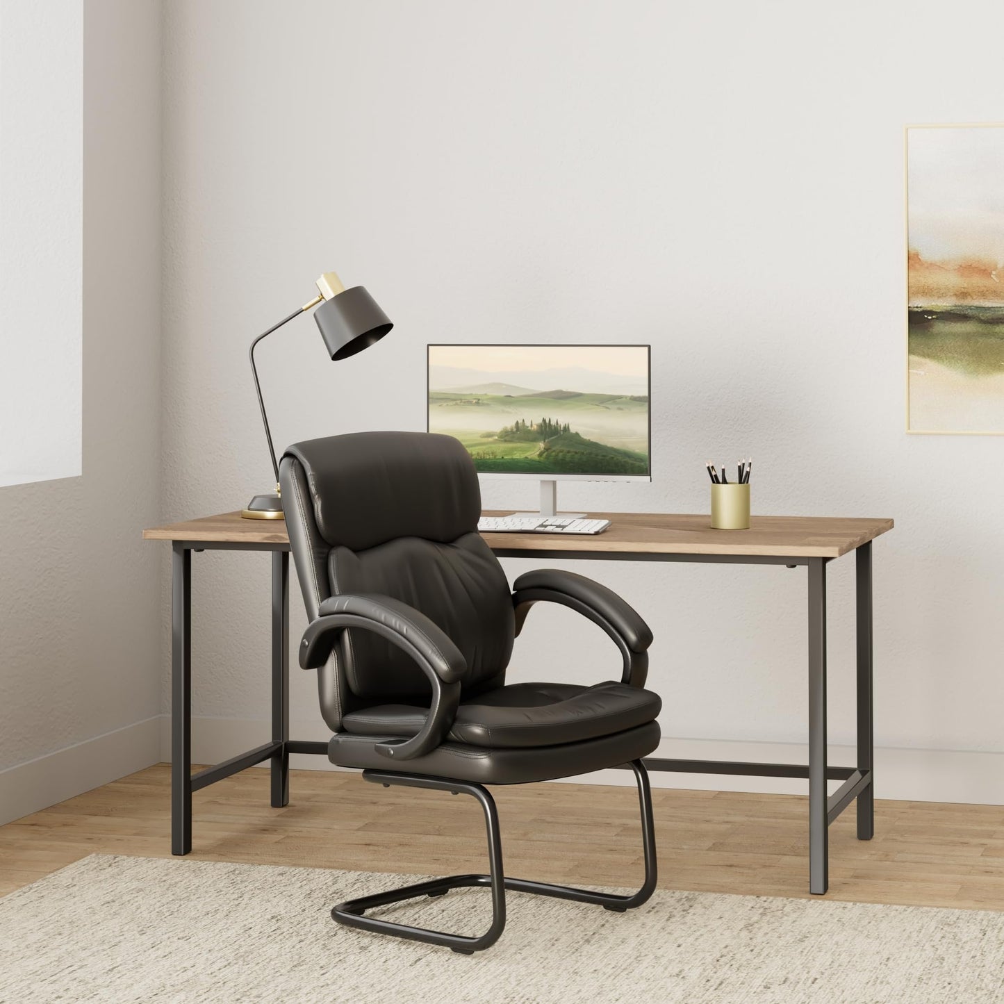 Office Star EC Series Executive Bonded Leather Visitor's Chair with Thick Padded Contour Seat and Padded C Armrests, Black