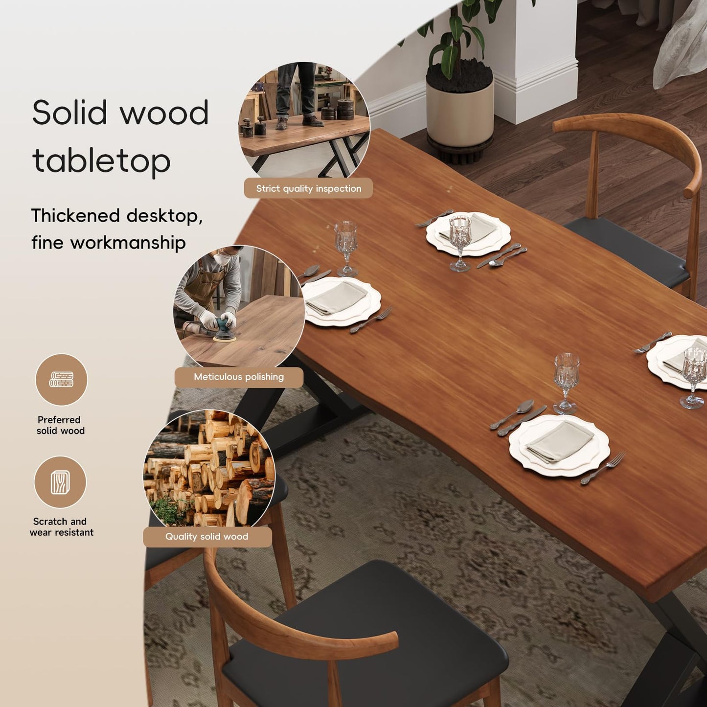 tiedingding 47" Solid Wood Dining Table, Rectangular Kitchen Table with Irregular Live Edge & Thick Tabletop, X-Shape Metal Legs, Oil Proof & Easy Clean, Rustic Brown， for 2-4 People