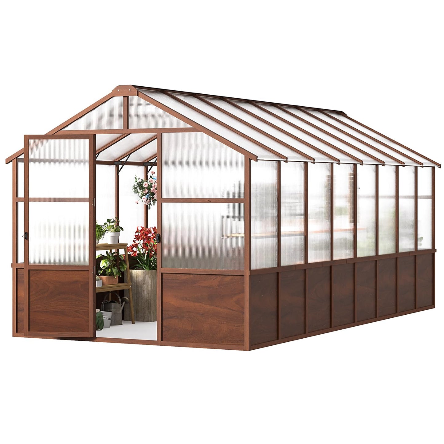 Jocoevol 8x16ft Outdoor Greenhouse, Wooden Frame Polycarbonate Greenhouse with Adjustable Roof Vents and Lockable Door Handle, Walk-in Greenhouse Perfect for Backyard and Garden