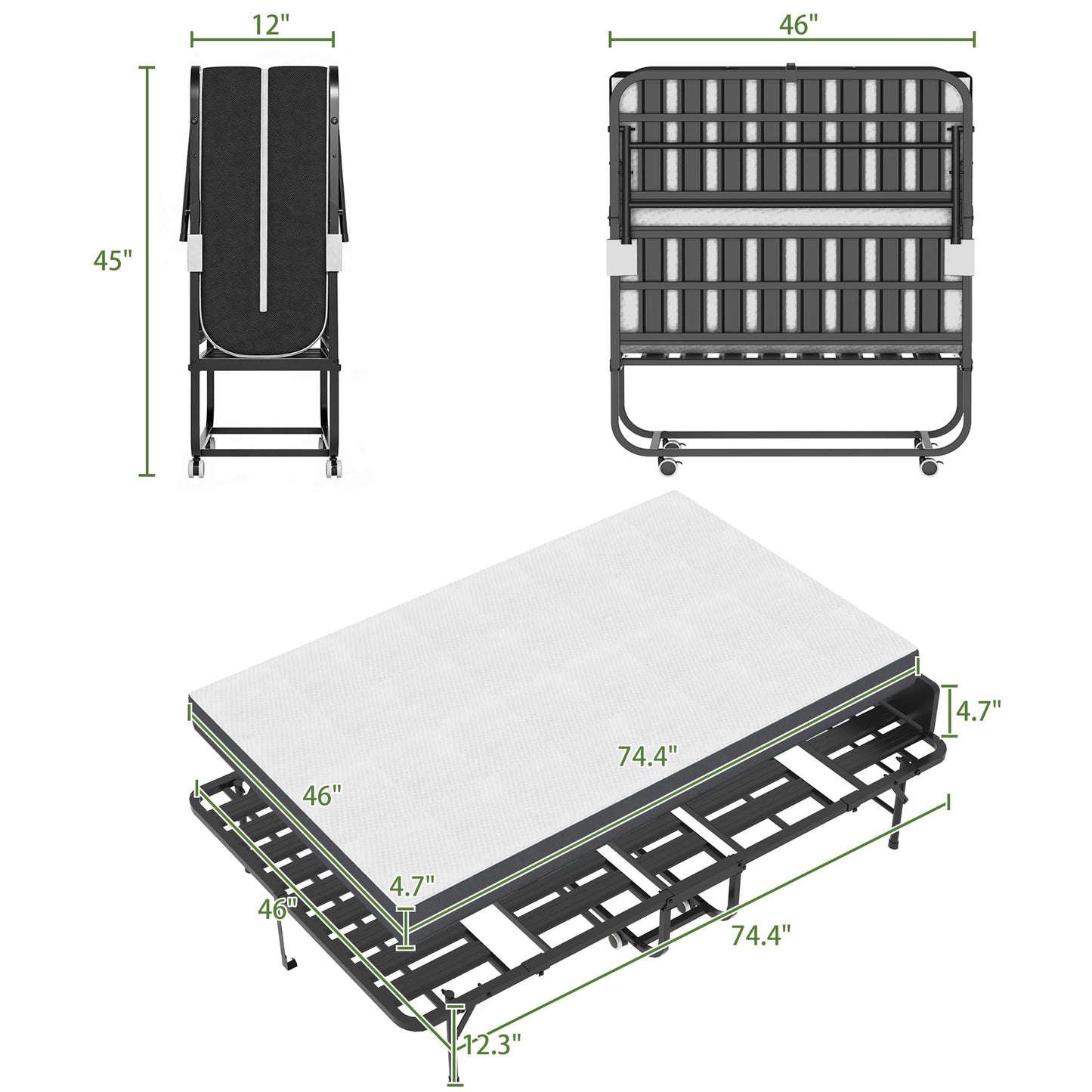 FLIXELIO Folding Bed with Mattress for Adults, 75" x 46" Rollaway Guest Bed with 5" Memory Foam and Adjustable Headboard, Heavy-Duty Steel Bed Frame Supports 500LBS, Foldable Bed with Lockable Wheels