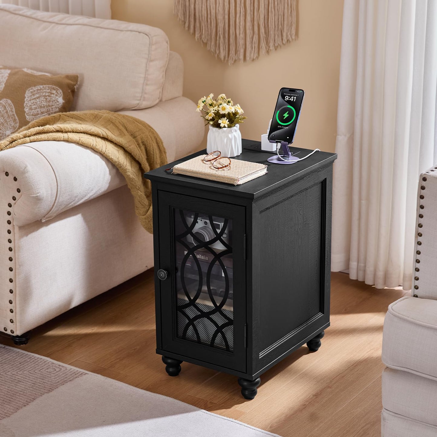 Joaxswe Narrow Side Table with Charging Station Set of 2, Night Stand with Glass Door,Bedside End Tables with Adjustable Shelf Storage Cabinet,Wood Nightstand for Small Spaces Living Room Bedroom