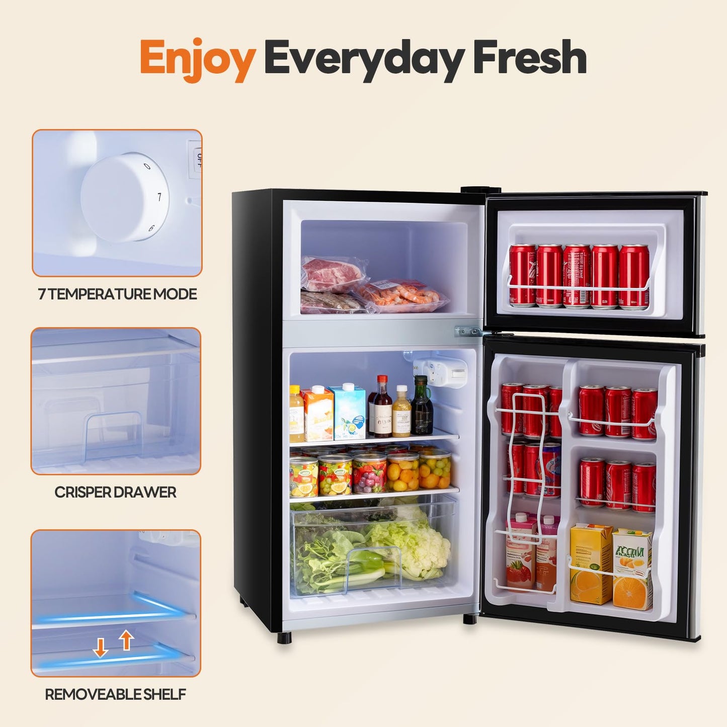Sweetcrispy 3.2 Cu.Ft Mini Fridge with Freezer, 2 Door Small Refrigerator with Adjustable Thermostat Energy-efficient Low Noise, Compact Fridge for Bedroom, Office, Dorm, Black