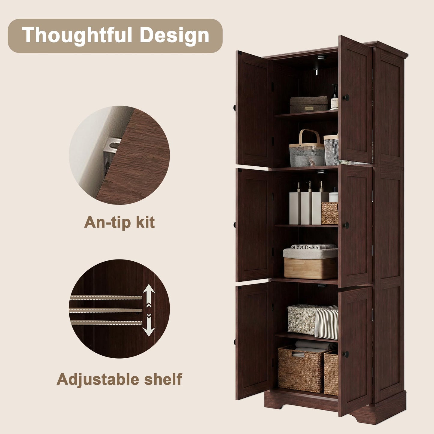 ChooChoo Tall Bathroom Storage Cabinet with 6 Doors, Freestanding Floor Cabinet with Adjustable Shelves, Rustic Walnut Pantry Cabinet for Bathroom, Kitchen, Laundry Room