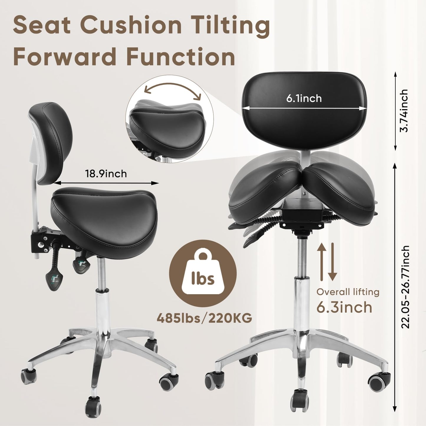 Ailyful Ergonomic Saddle Stool with Backrest, 485 lbs Capacity Rolling Stool, 12 Tilt, Adjustable Height Split Seat Stool, 360 Swivel Rolling Chair for Office, Salon, Massage, Dental, Tattoo