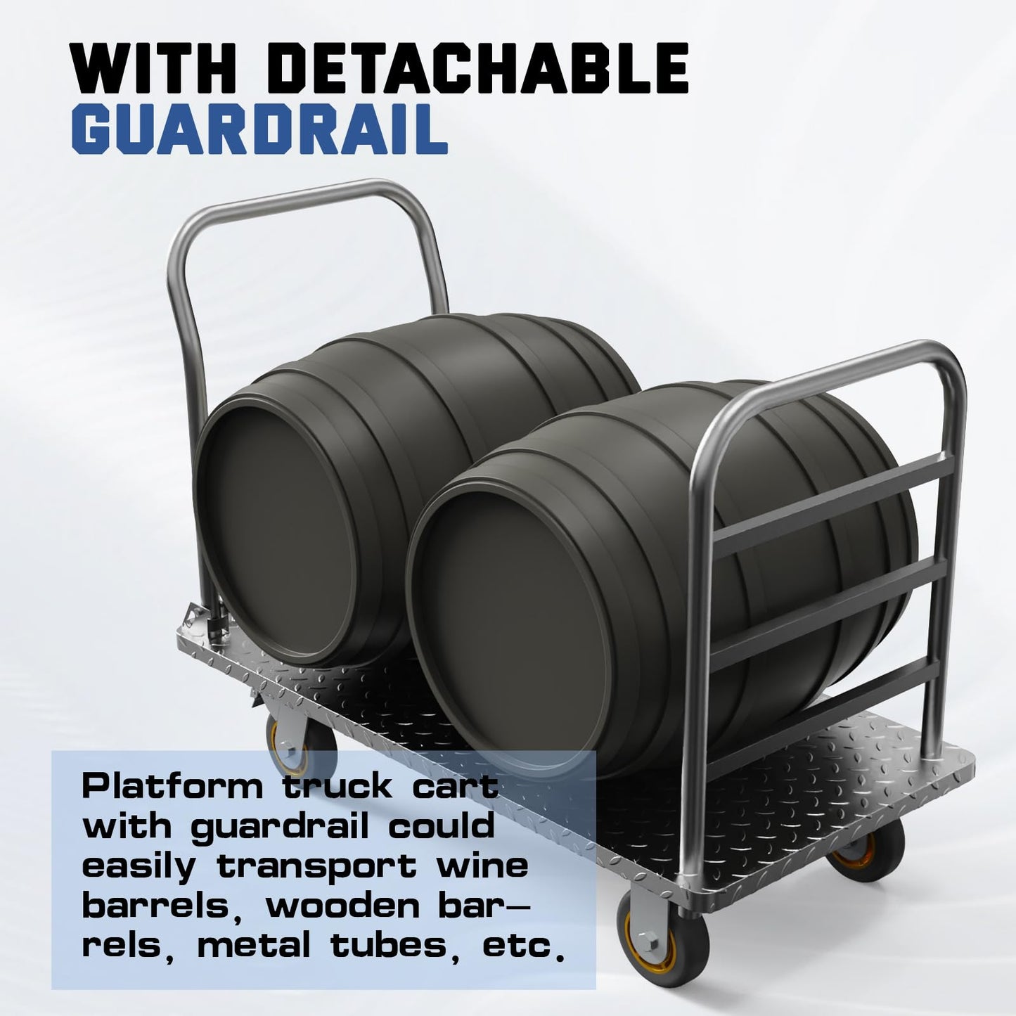 Platform Truck Cart with Detachable Baffle Guardrail,Heavy Duty 48x24 Inch Flatbed Cart with 2000 LBS Weight Capacity and 6In Swivel Caster Transporting Heavy Loads and Barrel with Ease & Efficiency