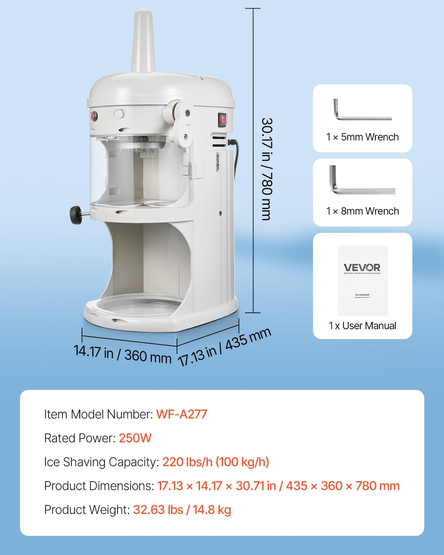 VEVOR Commercial Ice Shaver Crusher, 220lbs/hr Electric Fluffy Ice & Snow Cone Machine, 250W 1500RPM Tabletop Fluffy Shaved-Ice Machine for Parties Events Snack Bar, Home and Commercial Use (White)
