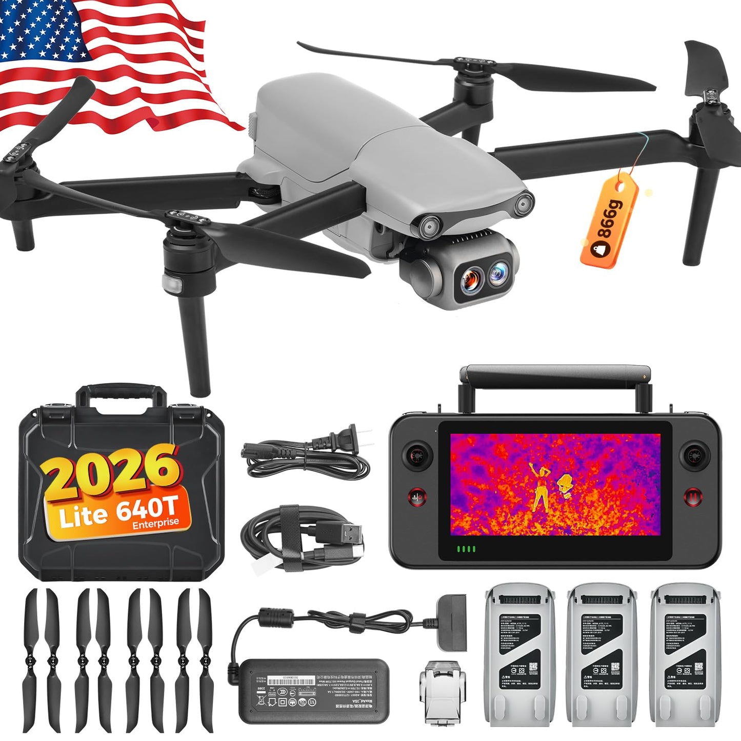 Autel Robotics EVO Lite 640T Enterprise Bundle, 640x512 T~hermal&1/2'' CMOS 48MP V~isible C-a-mera, 1-16x Digital Zoom, AI Target Recognition, 12KM Transmission, 866g Lightweight, 40Min Max Time